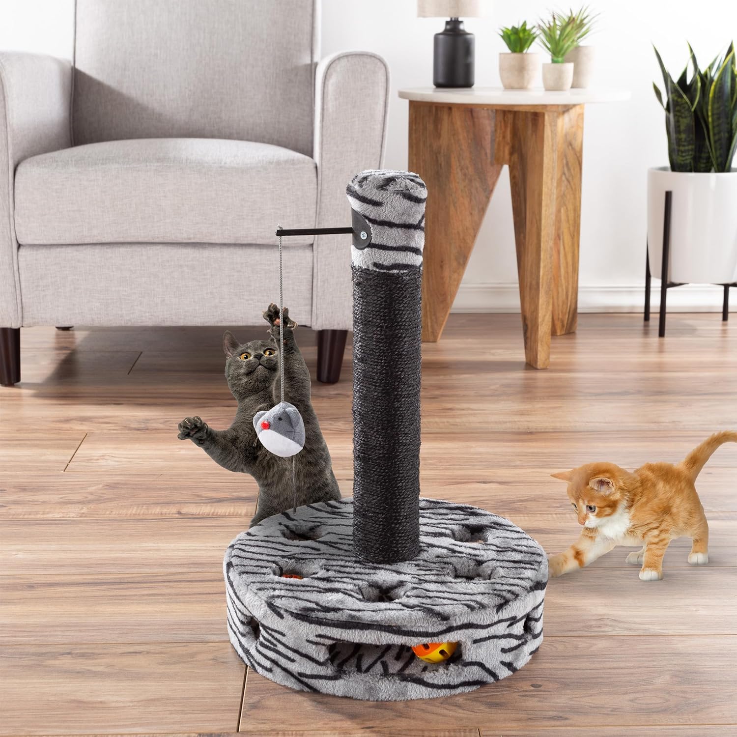 Cat Scratching Post - Interactive Play Area with Sisal Rope Scratcher and Hanging Toy for Indoor Cats - Scratch Tree for Pets by PETMAKER (Black/Gray)