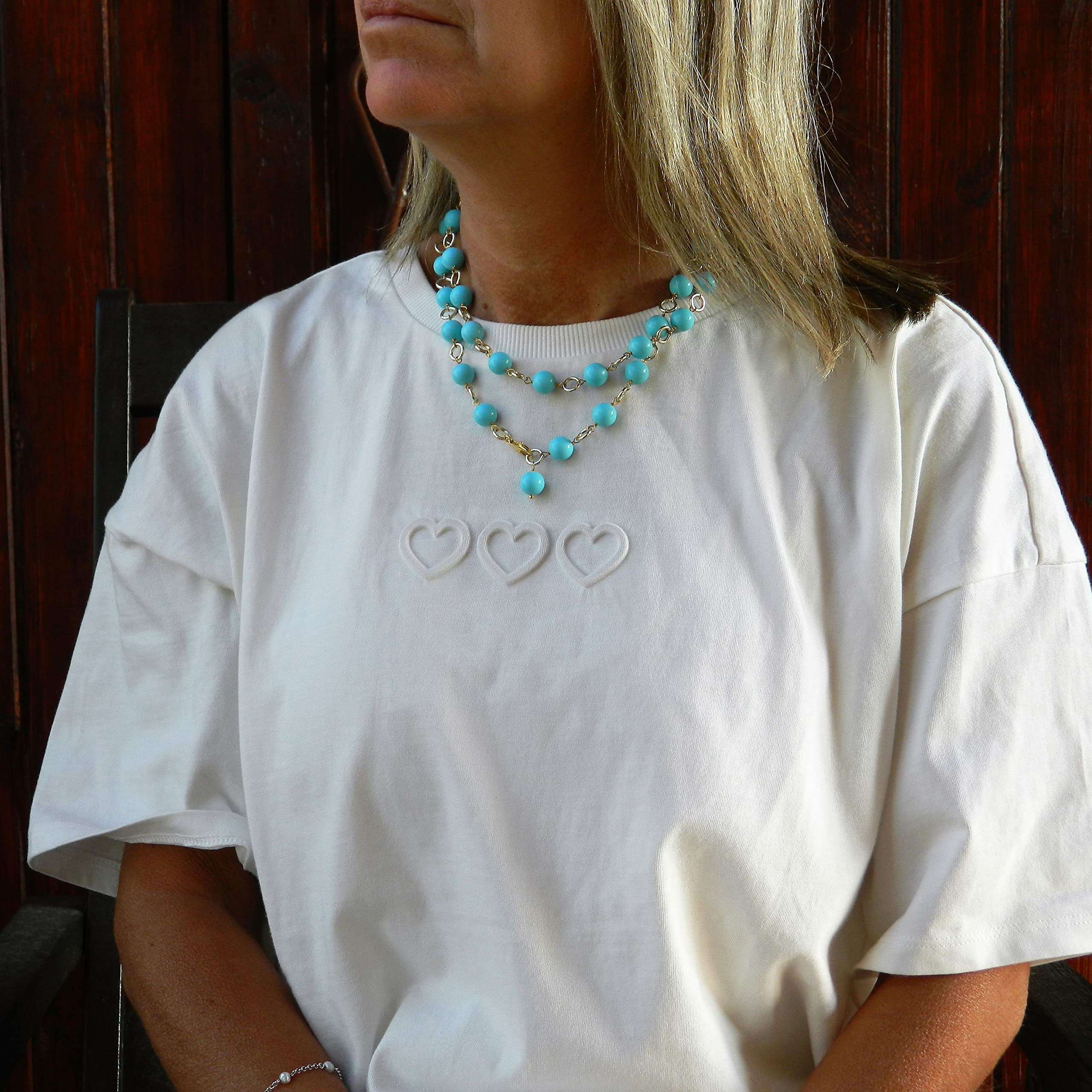 Collana Lunga Donna con Anellini Dorati e Palline in Pasta di Turchese – Handmade in Italia – Argento 925 – Nickel Free – 89 cm - DodiGioielli