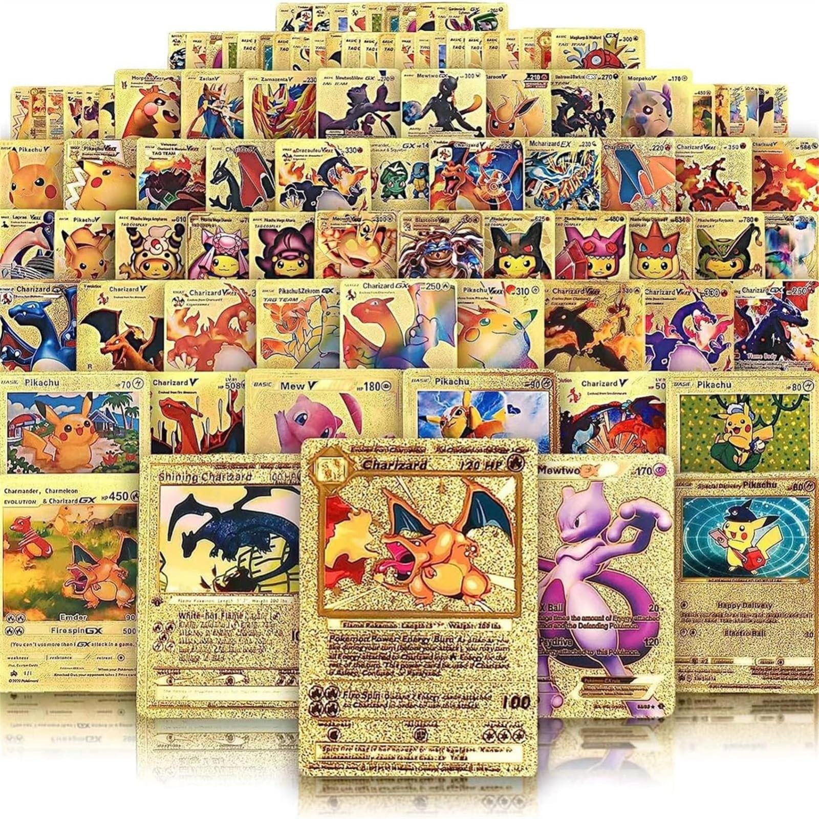 55 PCS Ultra Rare Gold Cards Packs, Fun Combination Rare Cards, Foil Cards,  Vmax V EX GX TCG Rare Golden Cards, for Fans Kids Birthday Party Favors  Gifts Table Top Collectibles :
