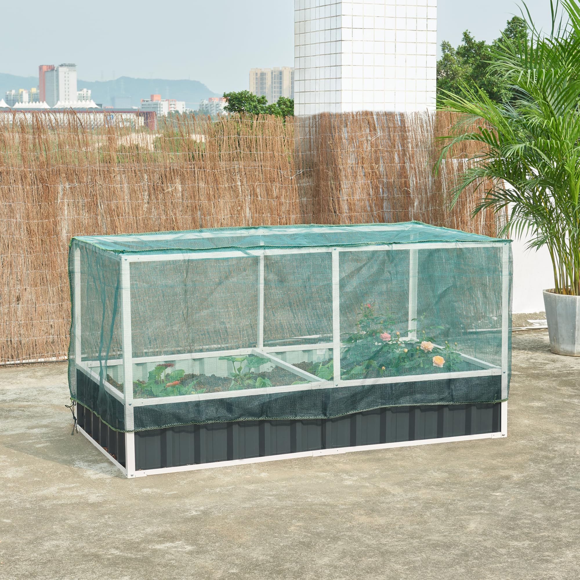 [en.casa] Hochbeet Alblasserdam Blumenbeet mit Abdeckung 174 x 90 x 88 cm Gartenbeet mit Netz Handschuhe Gewächshaus für Garten Metall Kräuterbeet Anthrazit