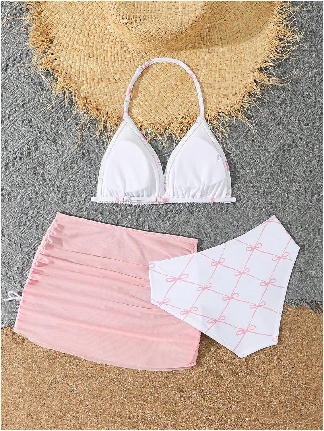 Verdusa Girl's 3 Piece Cute Swimsuit Bow Bikini Set Halter Triangle High Waisted Bathing Suit with Cover Up - Image 2