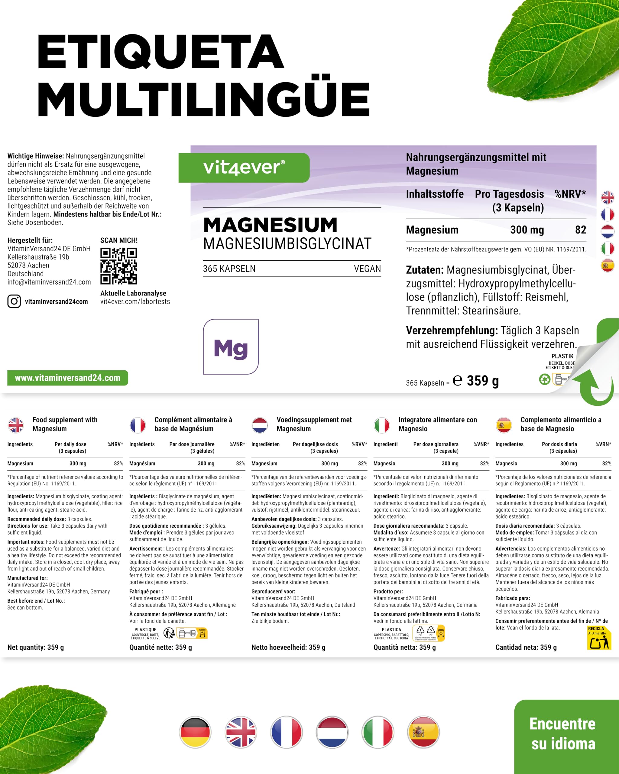 vit4ever Magnesio Bisglicinato - 365 Cápsulas - 300 mg de Magnesio elemental por Dosis diaria - Premium: Magnesium Quelado - Vegano