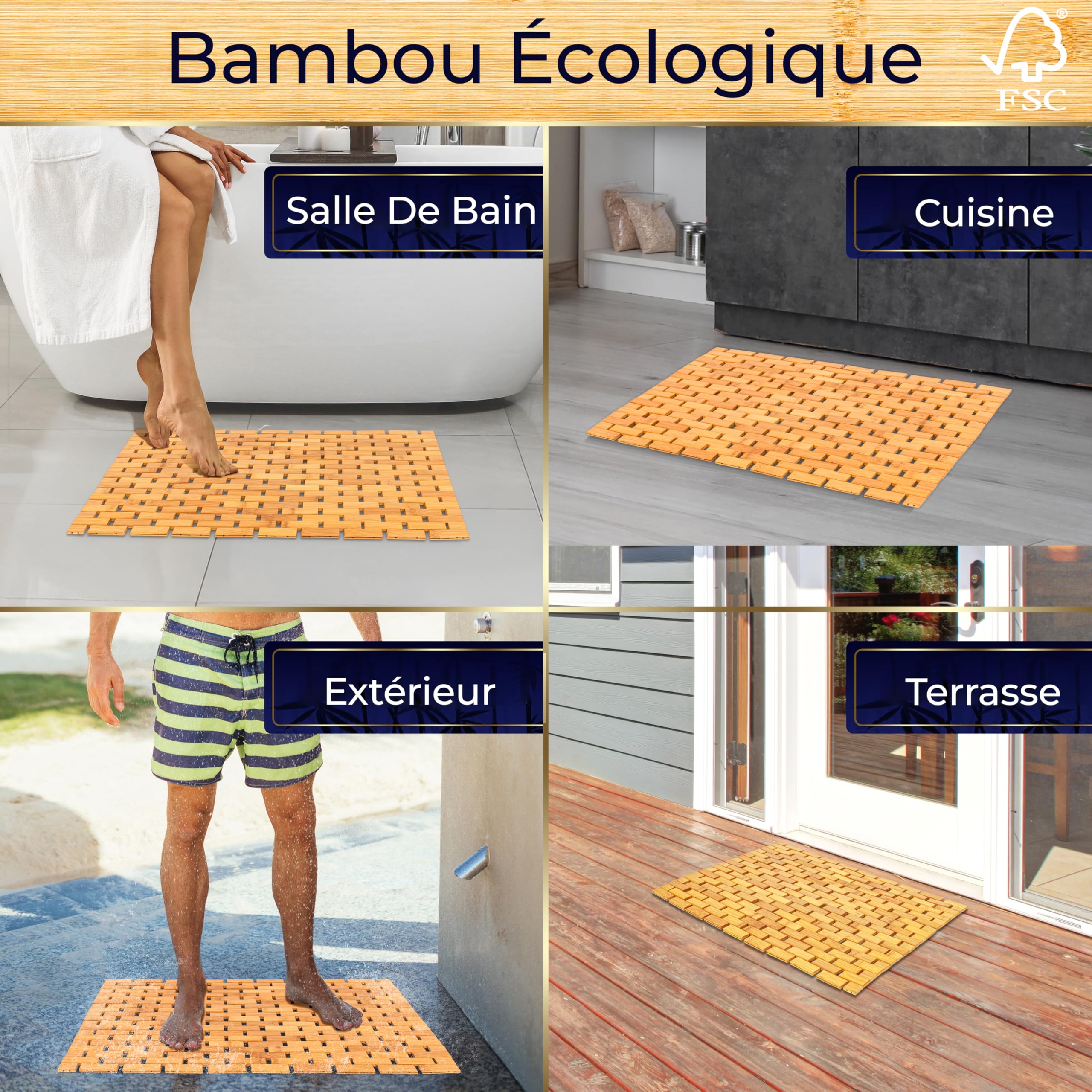 SereneLife Tapis de Bain et de Douche en Bambou Naturel – Tapis de Sol Antidérapant à Lattes avec Finition Naturelle, Surface à Grips Renforcés, Enroulable et Facile à Nettoyer