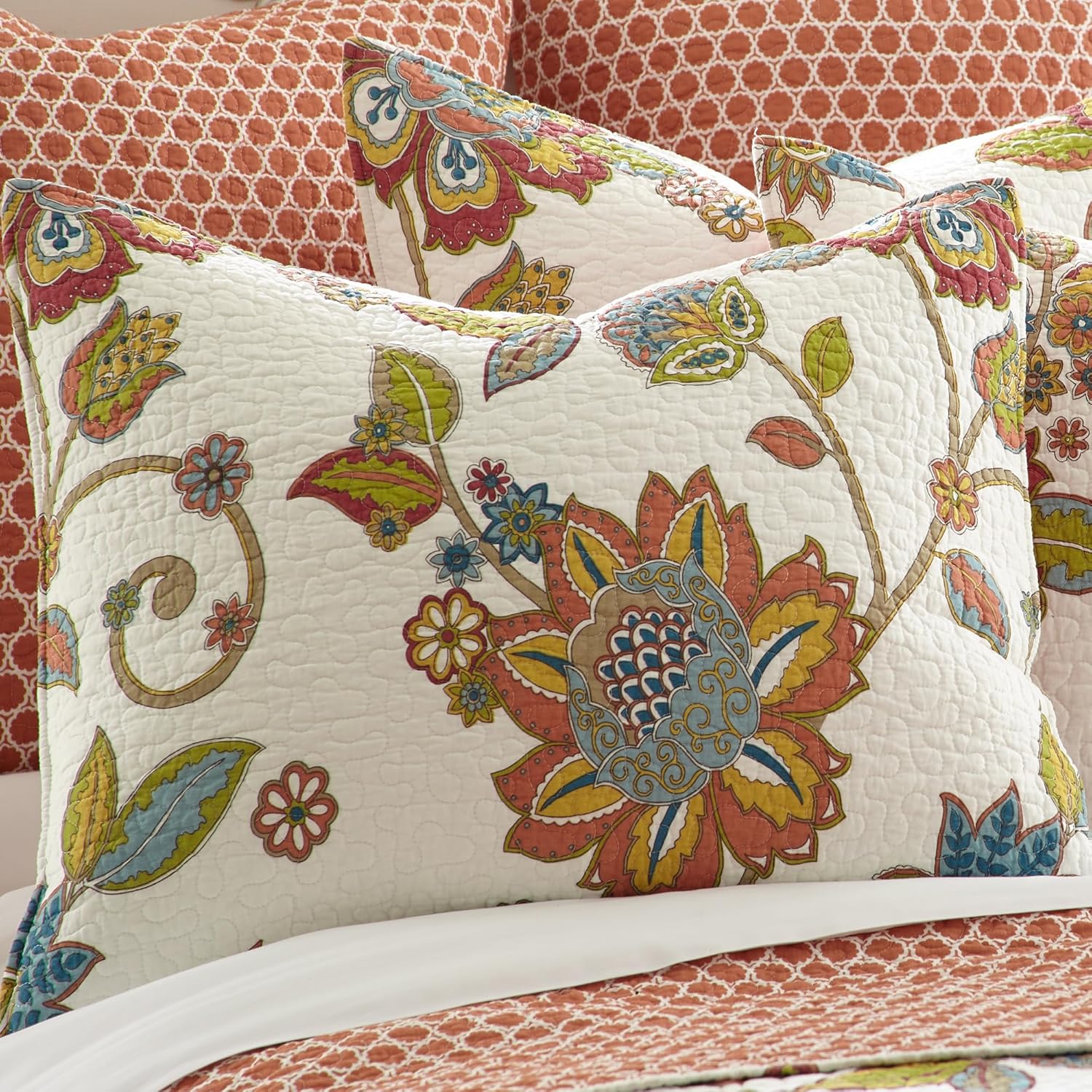 Levtex Home - Clementine Quilt Set - Full/Queen Quilt 88x92in. + Two Standard Pillow Shams 26x20in. - Floral - Orange, Yellow, Teal, Green, Blue, Red and White - Reversible - Cotton Fabric