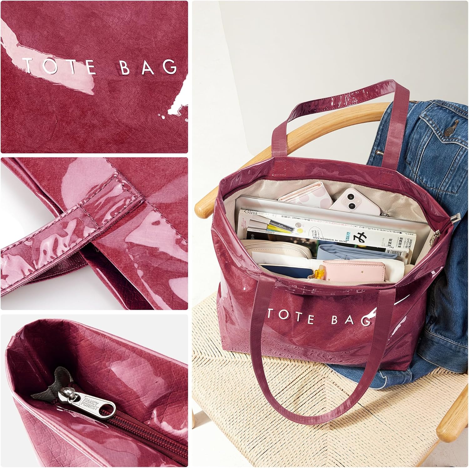 KALIDI PVC Zipper Tote Bag, Jelly Kraft Paper Beach Bag Large Hobo Carry All Travel Shopping Handbag Plastic Shoulder Bag - Image 6