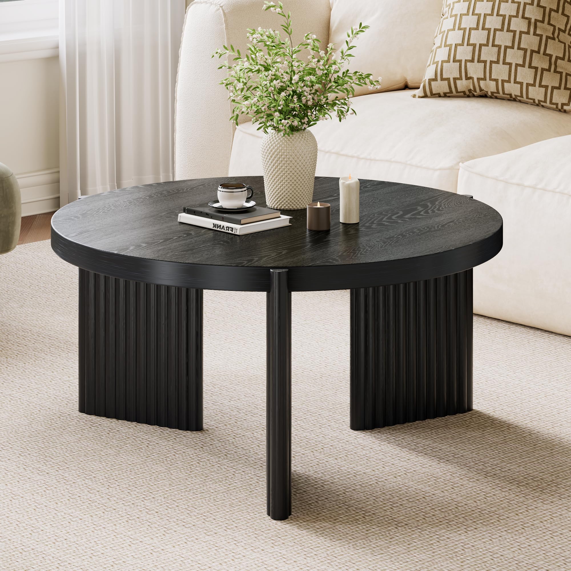 Luoxiao Round Coffee Table, 27.5" Fluted Coffee Tables for Living Room | Small Circle Accent Table for Apartment, Sturdy Ribbed Base, Rounded Edges, Thick Tabletop, Easy Assembly, Modern, Black