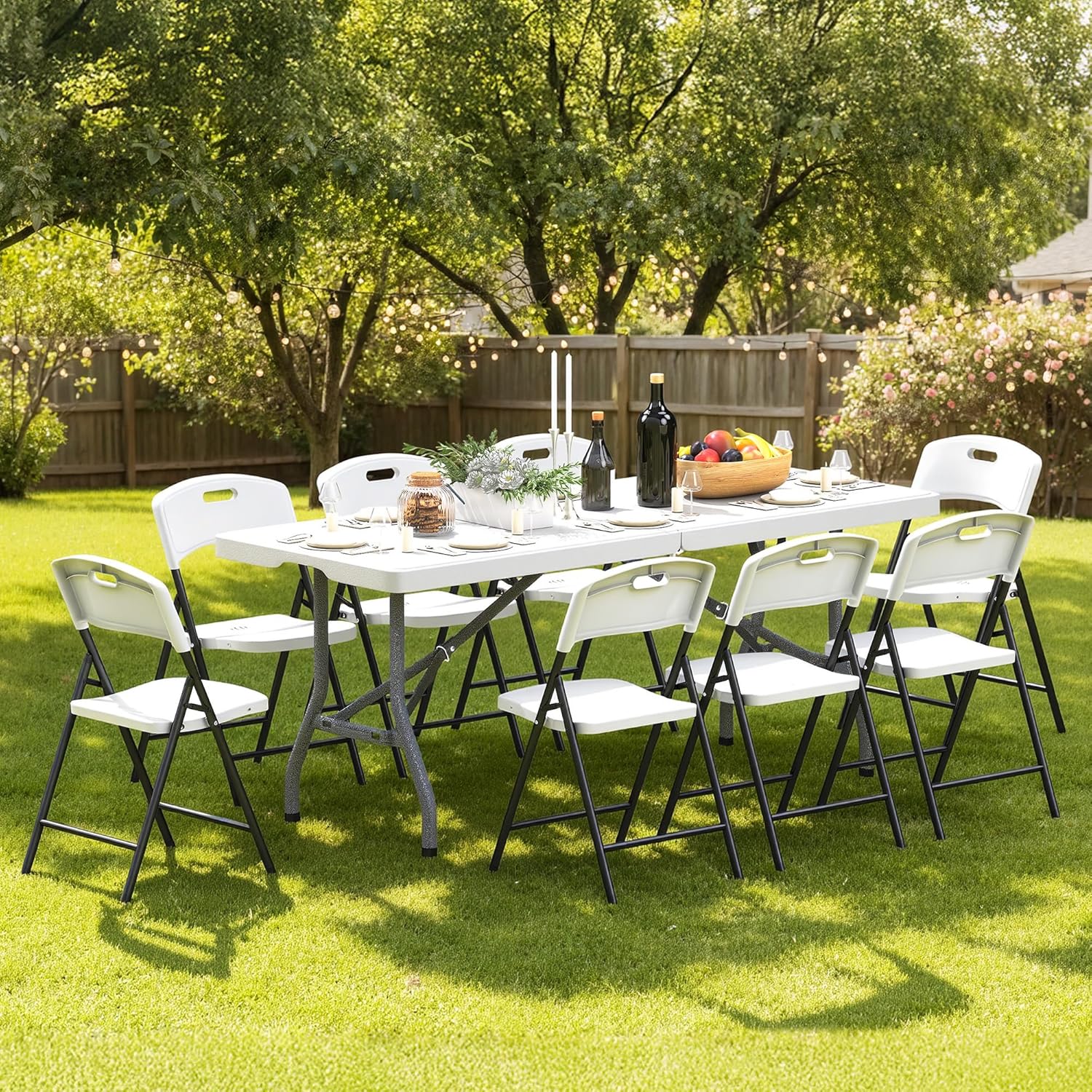 71.5" Foldable Outdoor Dining Set with 8 Fully assembled Dining Chairs for Easy Storage, Portable Patio Table and Chairs Set for Camping Picnic, Heavy Duty Patio Table Set for Garden Yard.