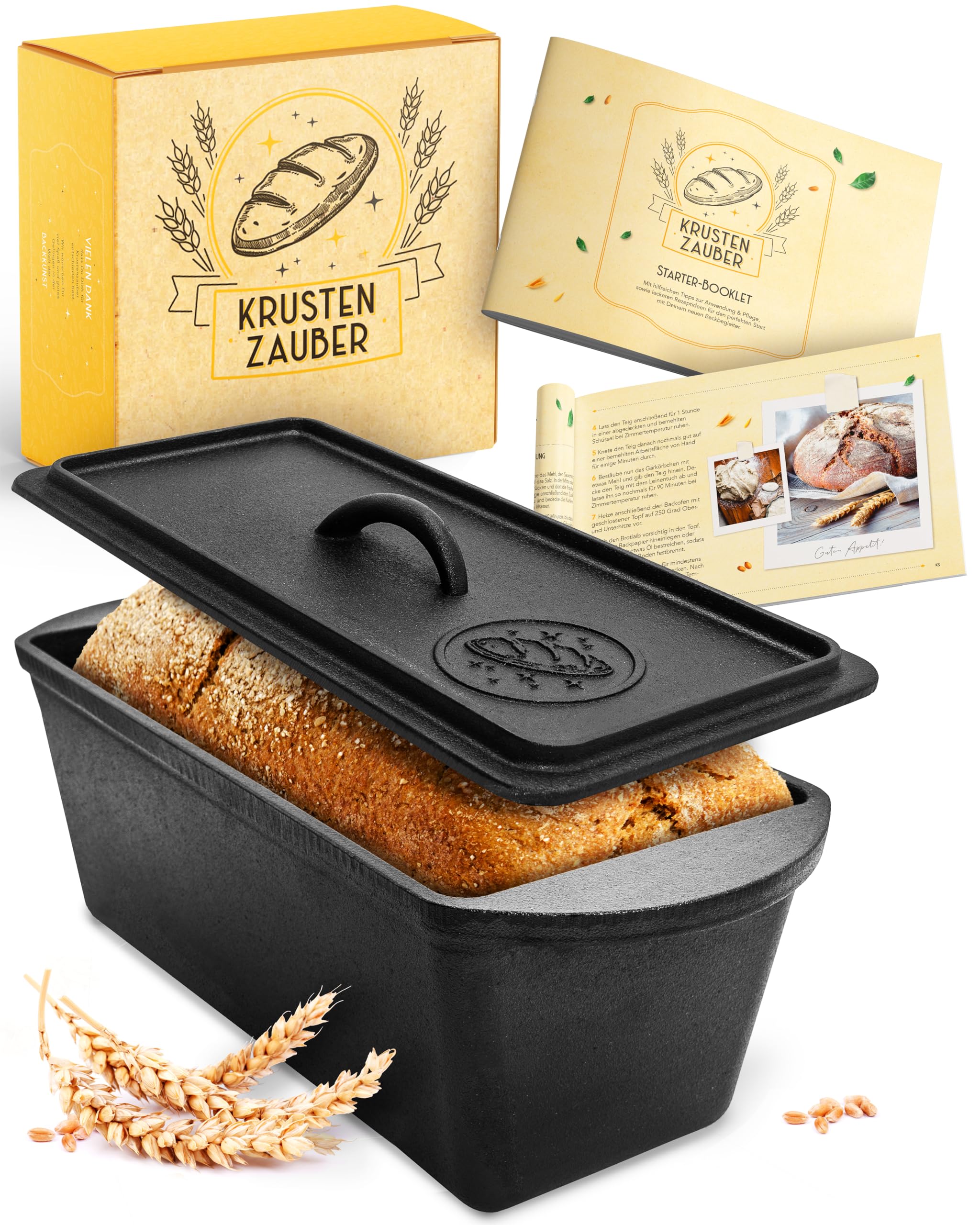 KRUSTENZAUBER Gusseisen Brotbackform mit Deckel - Robuste rechteckige 28cm Backform - Ideal als Kastenform, Toastbrot-Backform, Brotform, Gusseisen-Topf Brot backen Zubehör, Brottopf, cast iron