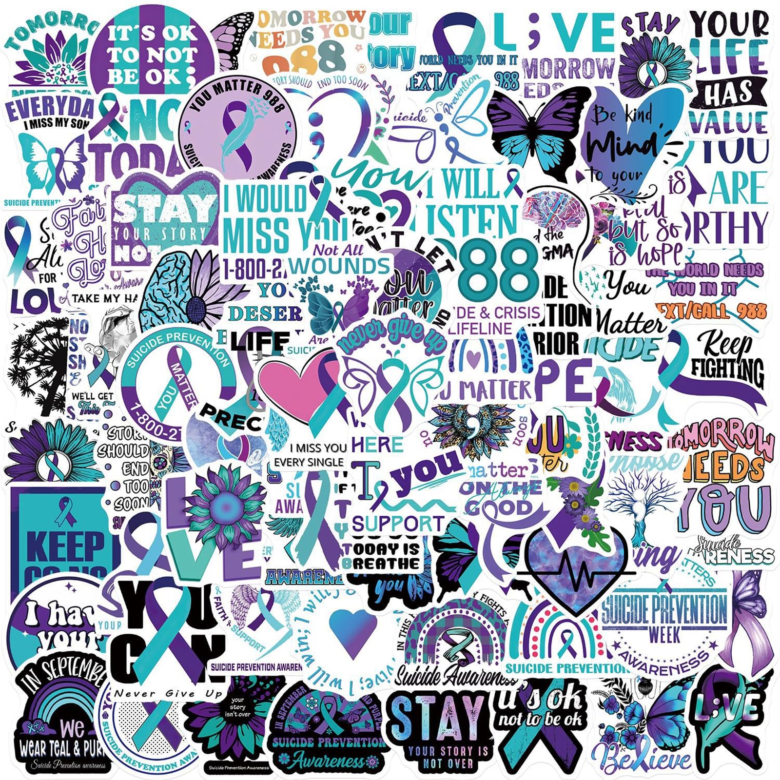 100PCS Suicide Awareness Stickers Suicide Prevention Stickers for Depressed Person, Icicrim Waterproof Vinyl Stickers for Water Bottles Laptop Luggage