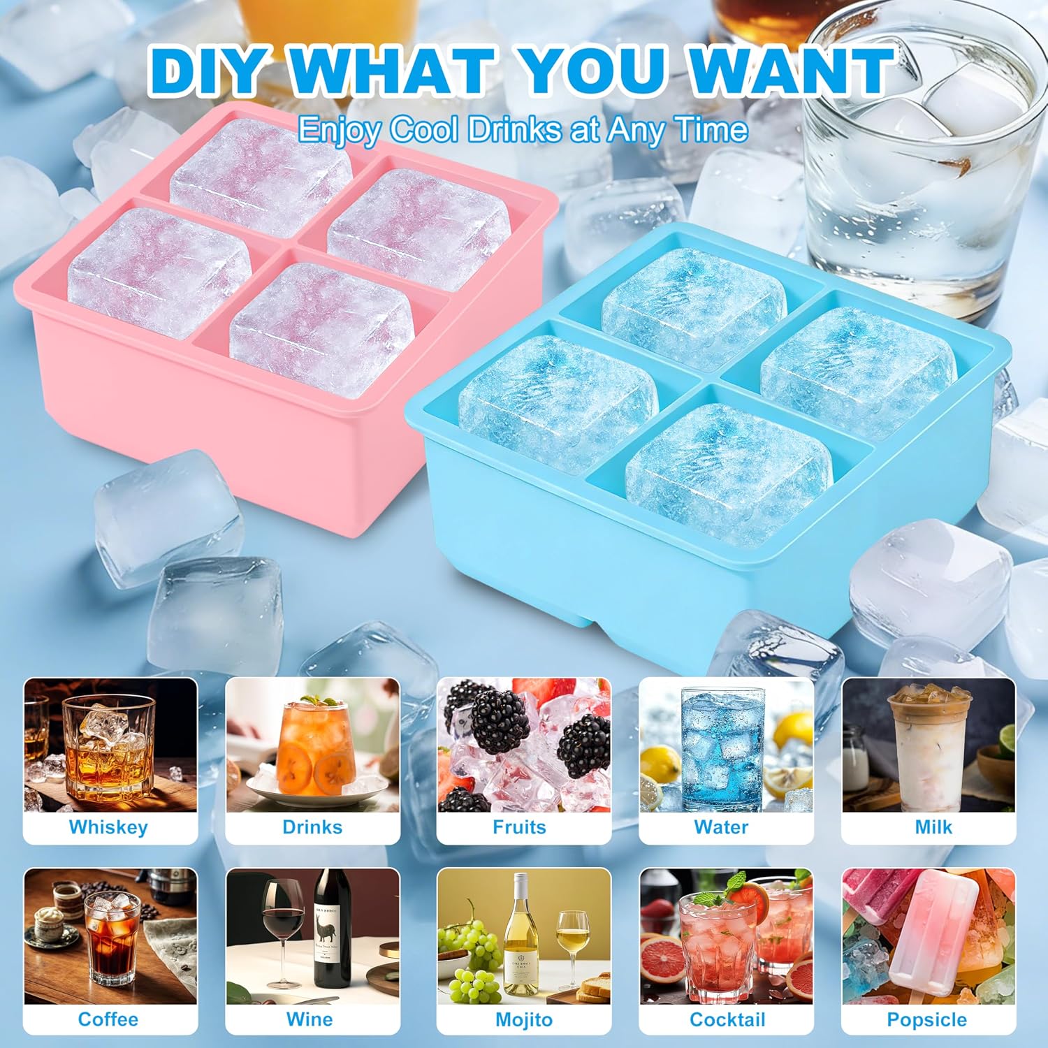 Large Silicone Ice Cube Tray 2Pack, Easy Release 2" Big Ice Cubes,Leak Proof Removable Lid Square Ice Cube Tray for Cocktail，Whiskey，Reusable Stackable Flexible Ice(Blue+Pink) (Blue)