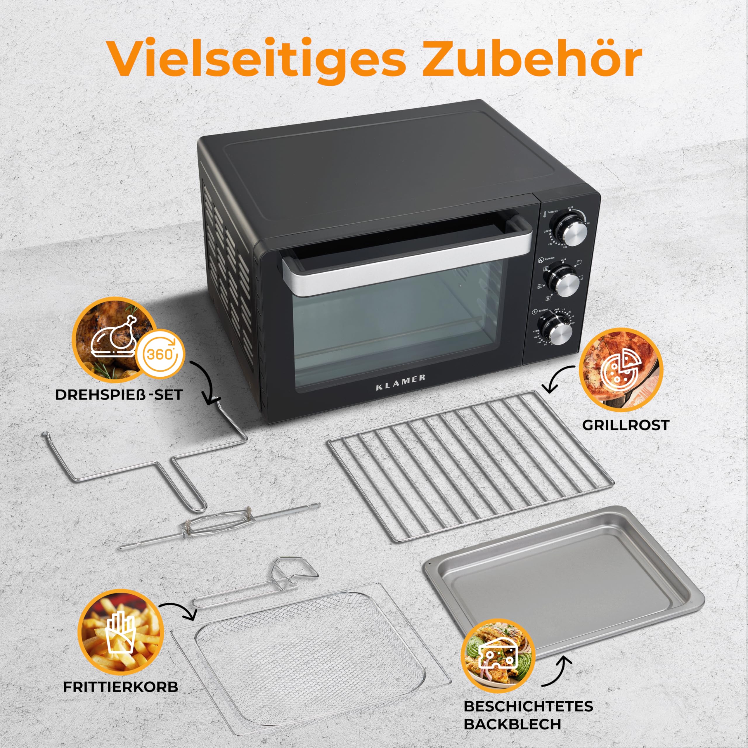 KLAMER Minibackofen mit Umluft (30 Liter), 6 Backfunktionen, 70-230°C, 120 min. Timer, Mini-Ofen inkl. Drehspieß, Grillgitter, Grillrost und Krümelblech, 1.500 W, Pizza Ø30cm, Schwarz