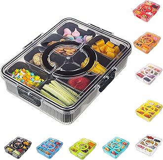 Patent Design Ribbed Snackle Box Container Divided Serving Tray with Lid and Handle -Charcuterie Container Portable Storage Organizer for Candy, Fruit, Beach, Picnics（1 pcs, Black）