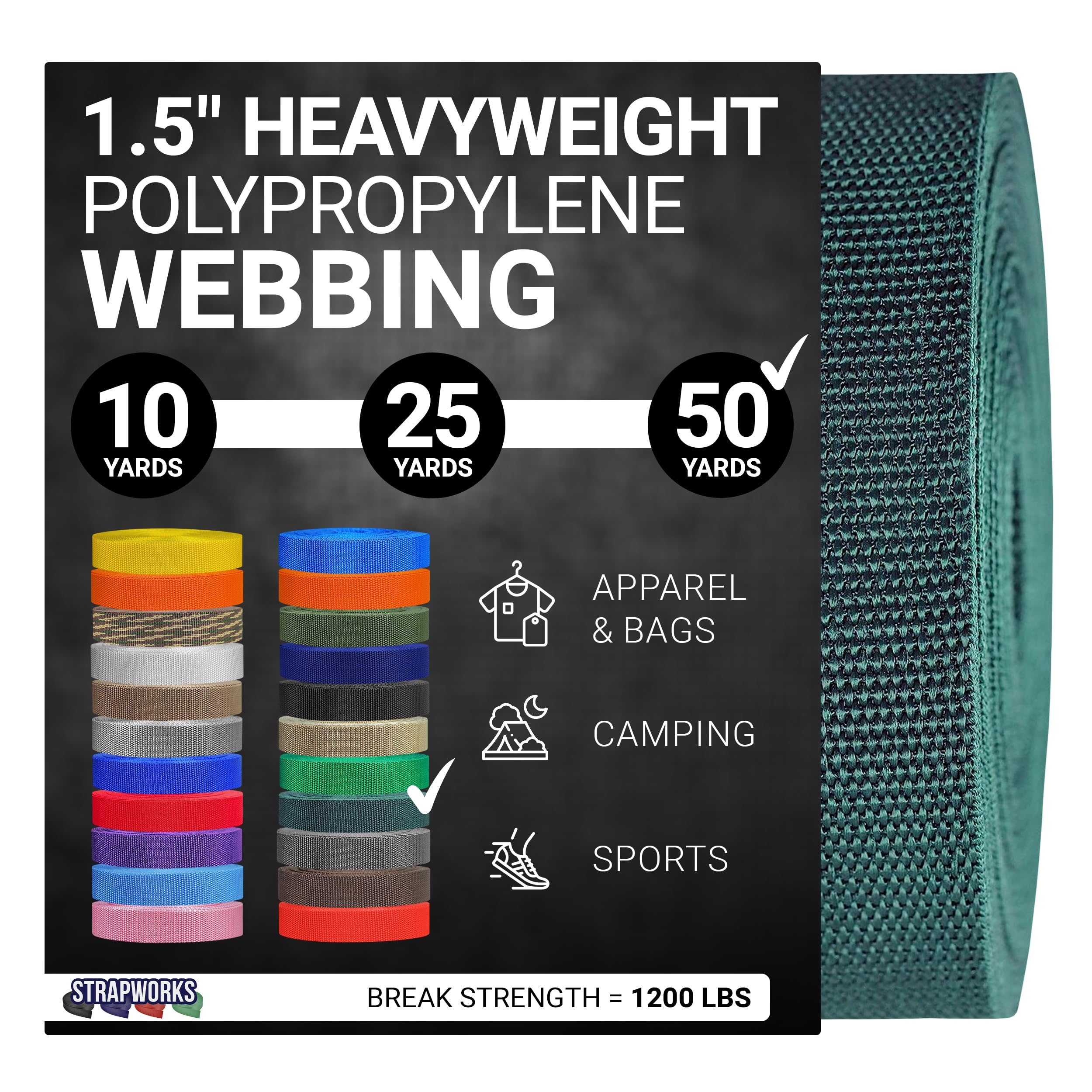 Strapworks Heavyweight Polypropylene Webbing - Heavy Duty Poly Strapping for Outdoor DIY Gear Repair, 1.5 Inches