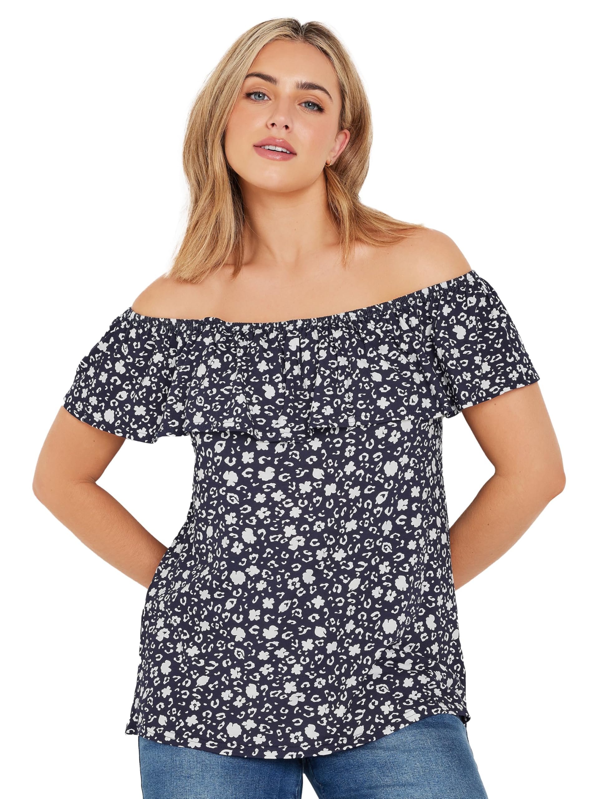 M&Co Women's Floral Print Bardot Top in Blue | Size: 14