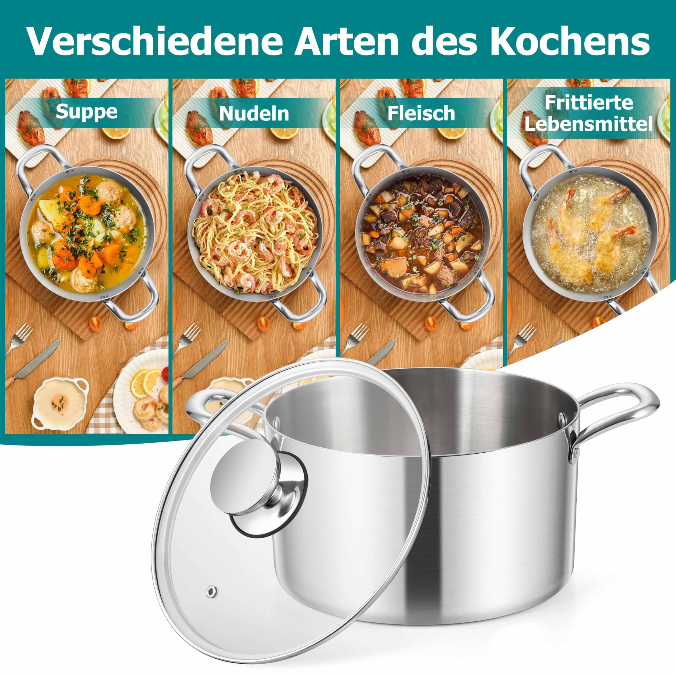Homikit Olla de 20 cm, 3 capas de acero inoxidable con tapa de cristal, 3,3 L, para todo tipo de cocinas, acero inoxidable pulido y sin revestimiento, saludable, apta para lavavajillas