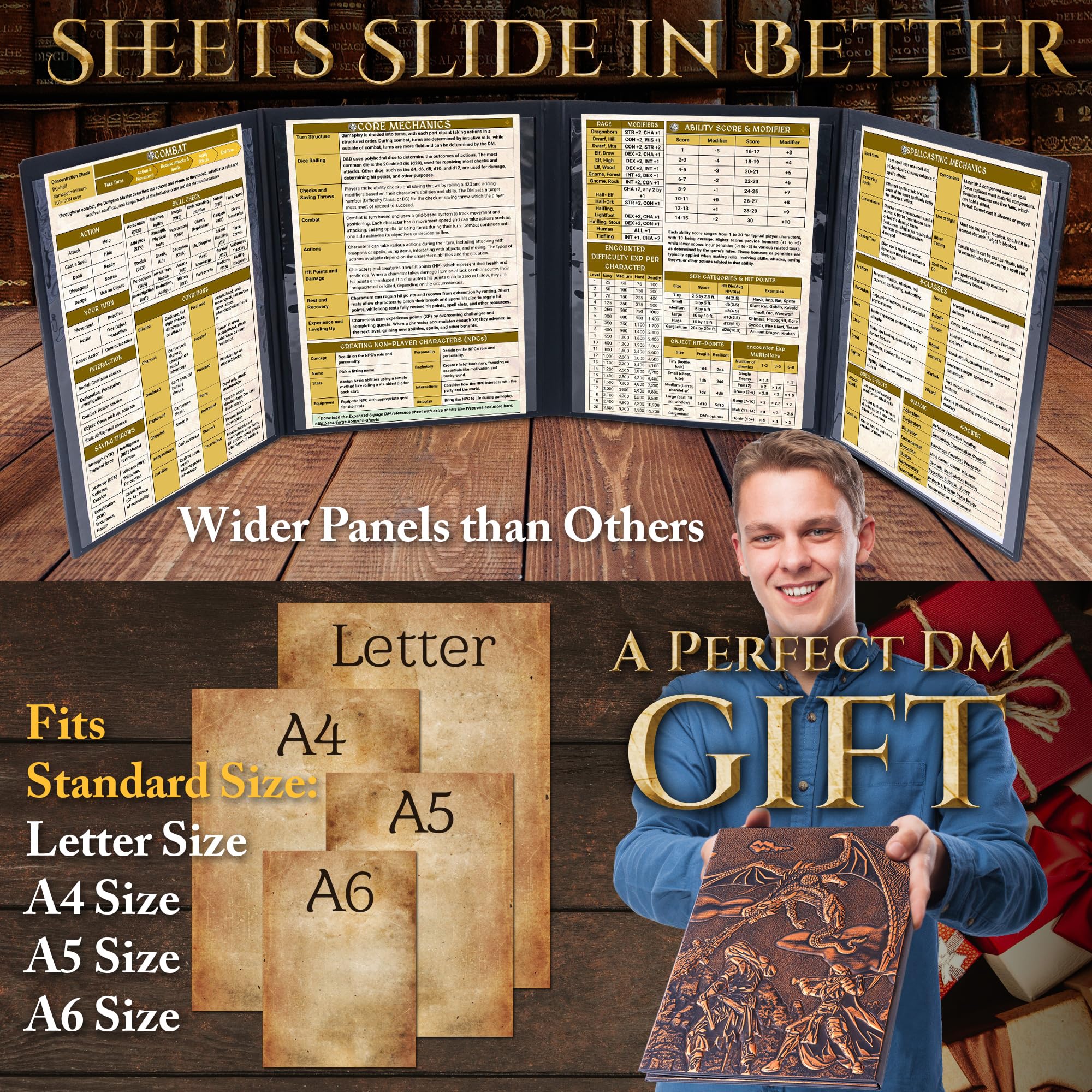 Écran DM pour DND avec 4 panneaux plus larges – Superbe scène de bataille panoramique et poches transparentes Game Master GM – Écran donjon Master en cuir synthétique gaufré 3D pour D&D, RPG (convient