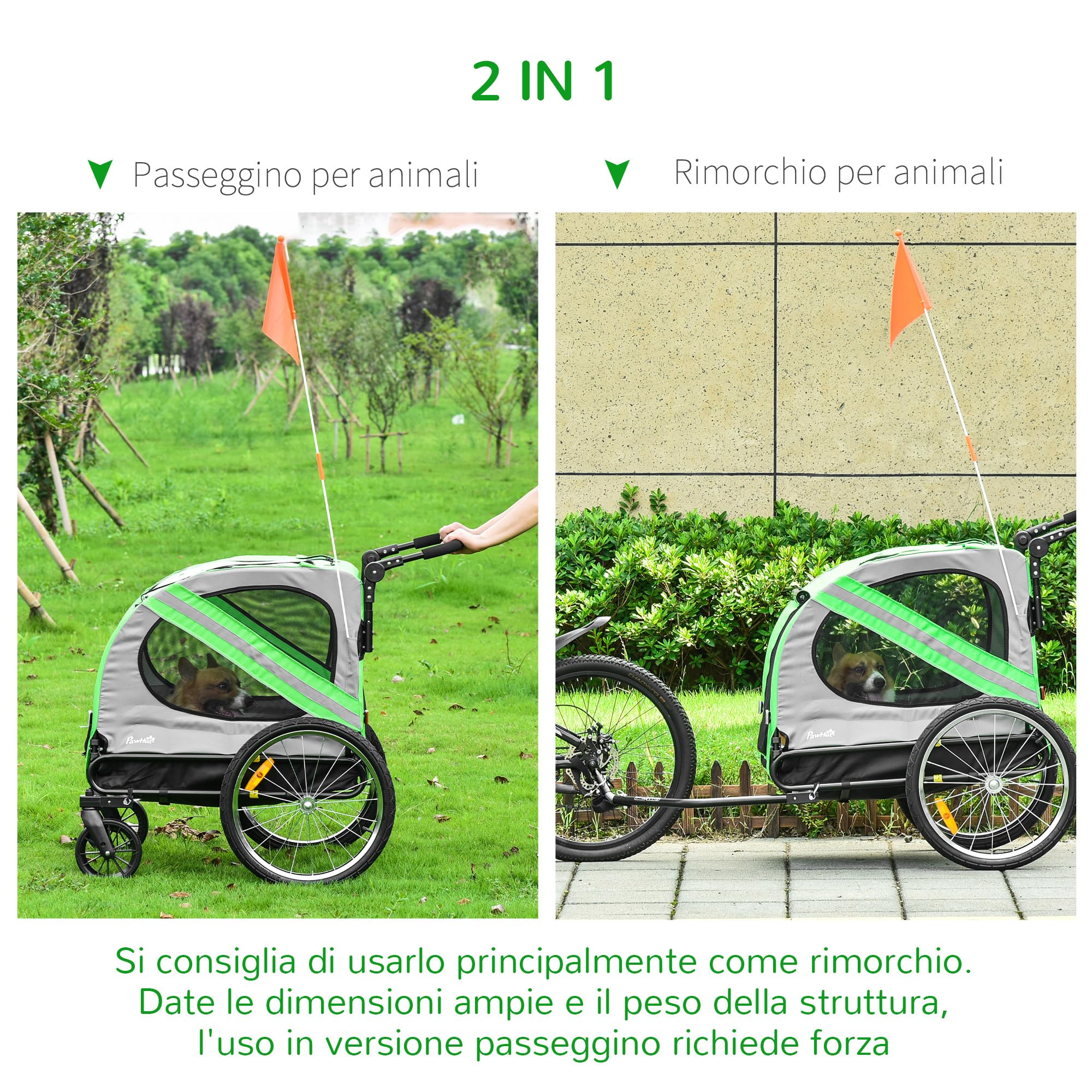 PawHut Rimorchio Bici e Passeggino per Cani 2 in 1, Carrello Bici in Acciaio e Tessuto Oxford con Catarifrangenti e Bandierina