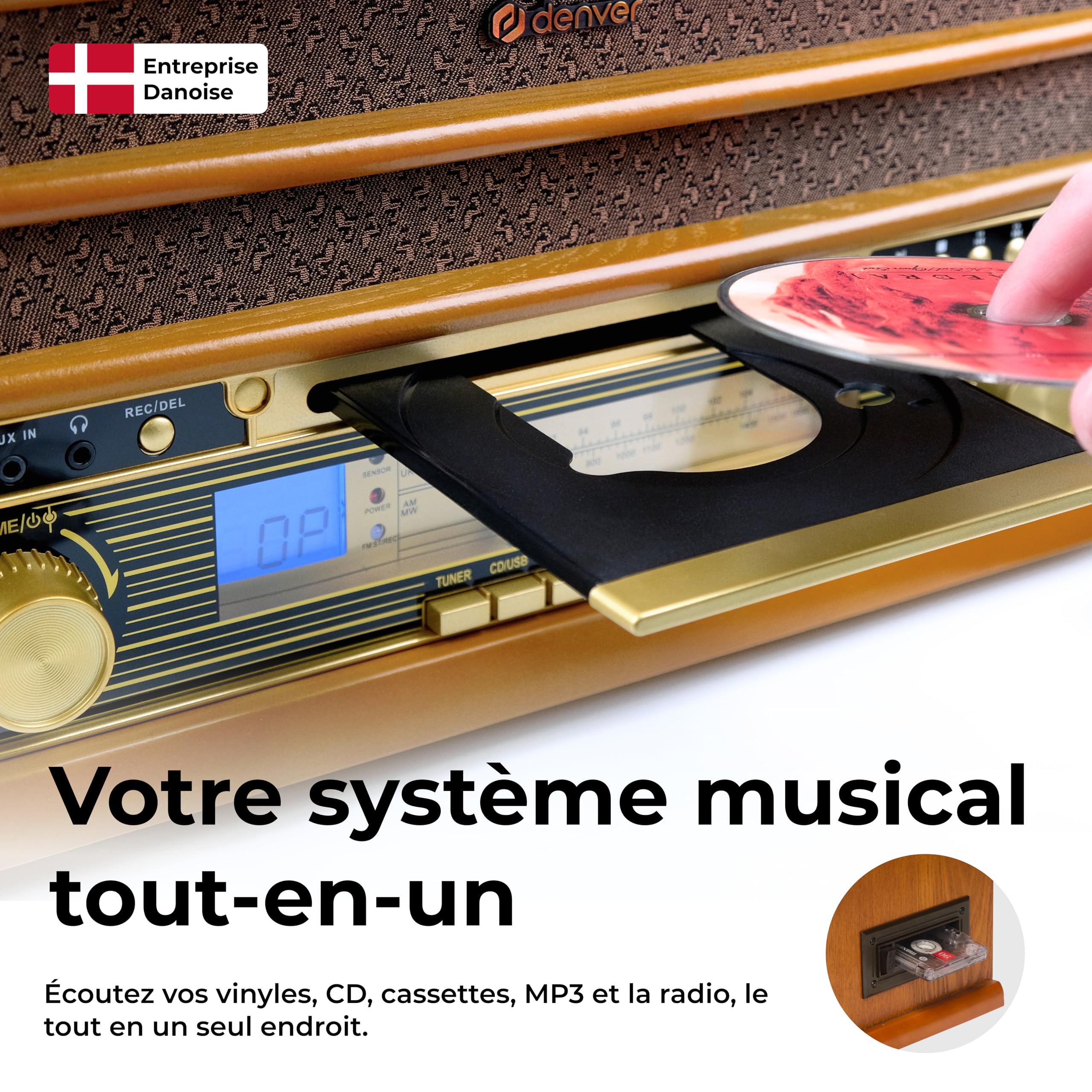 Denver MCR-50MK3 Chaîne Musicale rétro avec Platine Vinyle, Lecteur CD, Cassette, Radio FM/AM, USB, AUX, Haut-parleurs intégrés