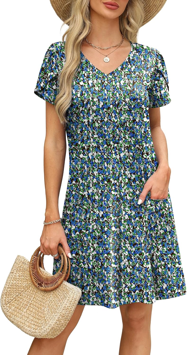 OFEEFAN Womens Summer Dresses 2026 Tulip Petal Short Sleeve V Neck Loose Swing Sundresses with Pockets Plain/Print - Image 2