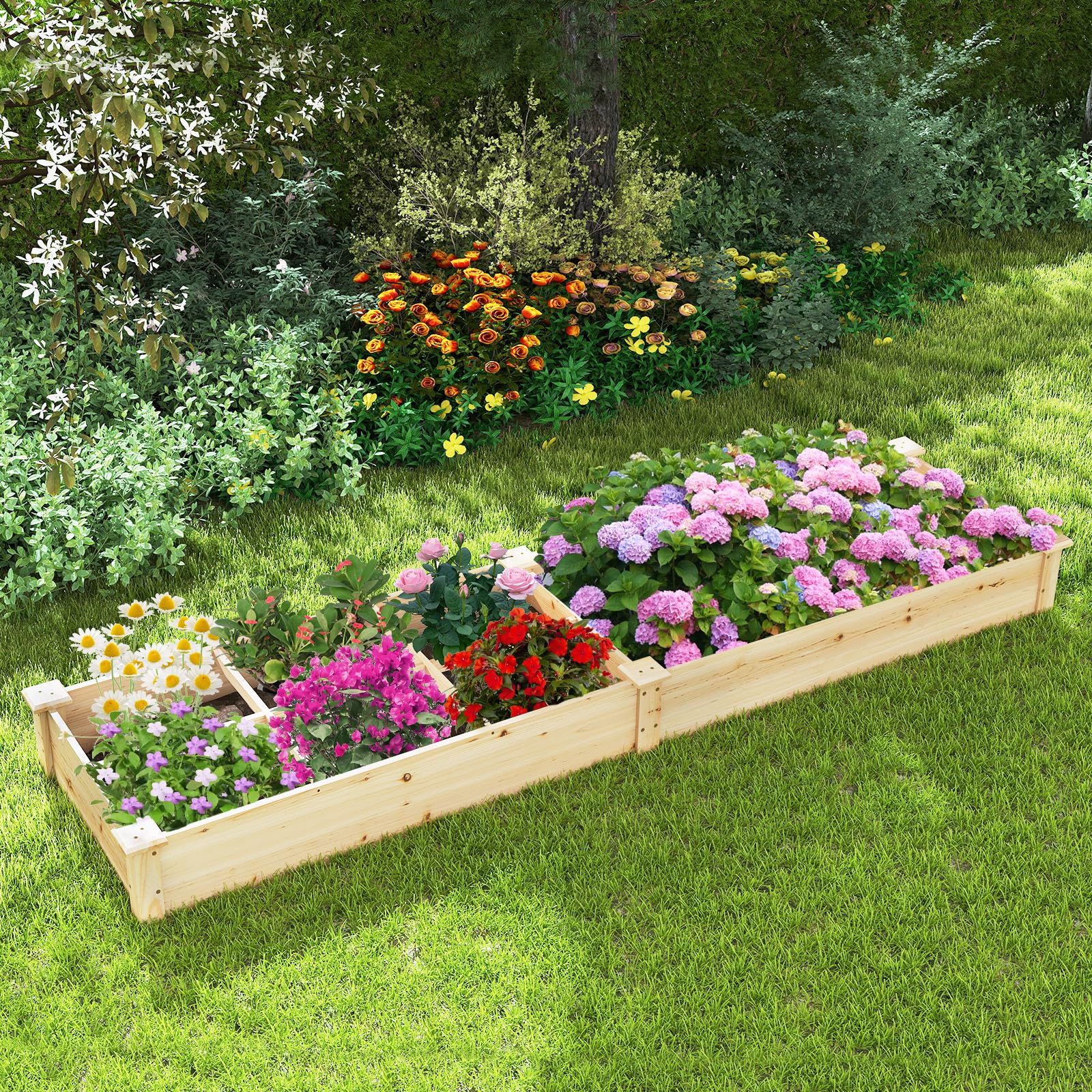HOMASIS Carré Potager en Bois, Jardiniere Extérieur Grande Taille avec 2 Bacs à Fleurs, Séparateurs pour Fleurs, Légumes, Fruits, Herbes, Lit de Jardin 228 cm Intérieur pour Terrasse Balcon (Naturel)