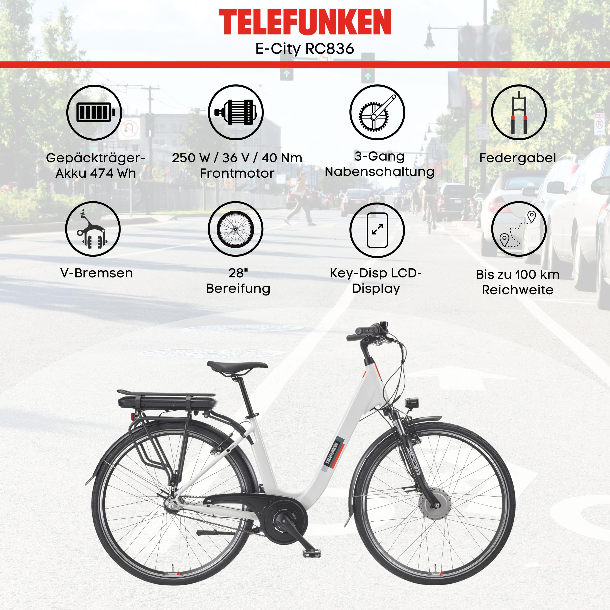 TELEFUNKEN E-Bike Damen 28 Zoll | Elektrofahrrad Frontmotor | 3-Gang Nabenschaltung | V-Bremsen | Pedelec Citybike | inkl. Panzerkabelschloss | RC836 Multitalent