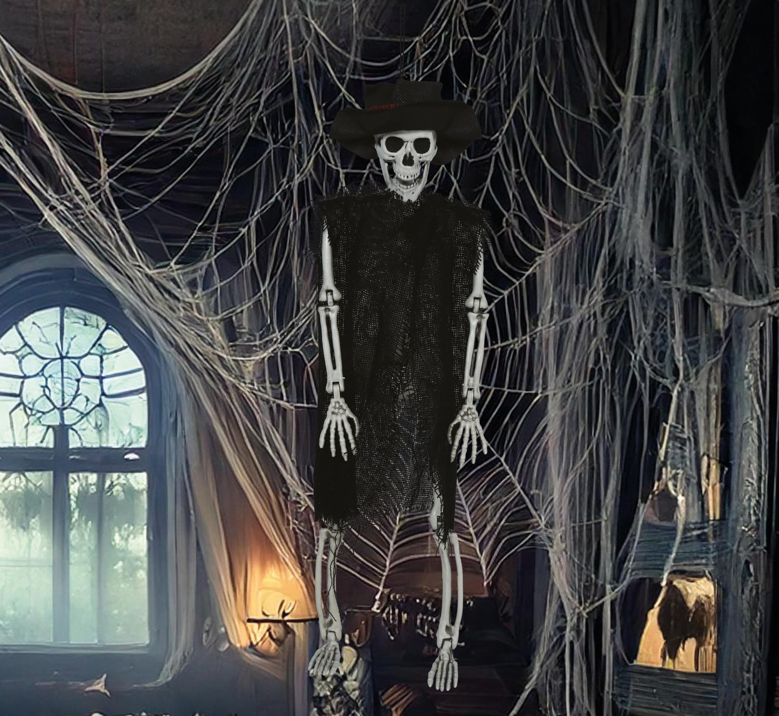 FIESTAS GUIRCA | Hanging Skeleton with Hat (18.5 in) - Halloween Decoration for Horror Parties and Skeleton Celebrations - Ideal for Spooky Environments and Scary Scenes - Black Beige