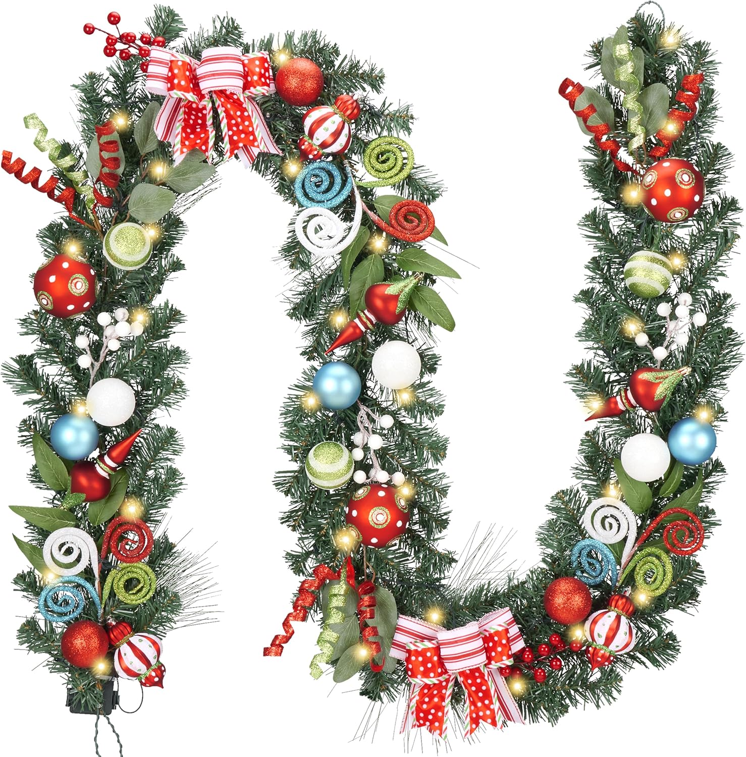 Valery Madelyn 6 Feet Pre-Lit Christmas Garland with Lights for Mantle, Lighted Outdoor Xmas Garland with Multi-Colored Balls & Bows for Home Stairs Fireplace Table Centerpiece Indoor Holiday Decor