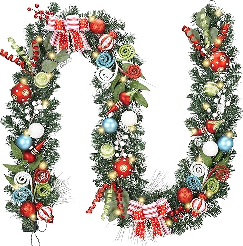 Miniatura 1 de Valery Madelyn Guirnalda de Navidad preiluminada de 9 pies con luces para manto, guirnalda de Navidad iluminada al aire libre con bolas y lazos