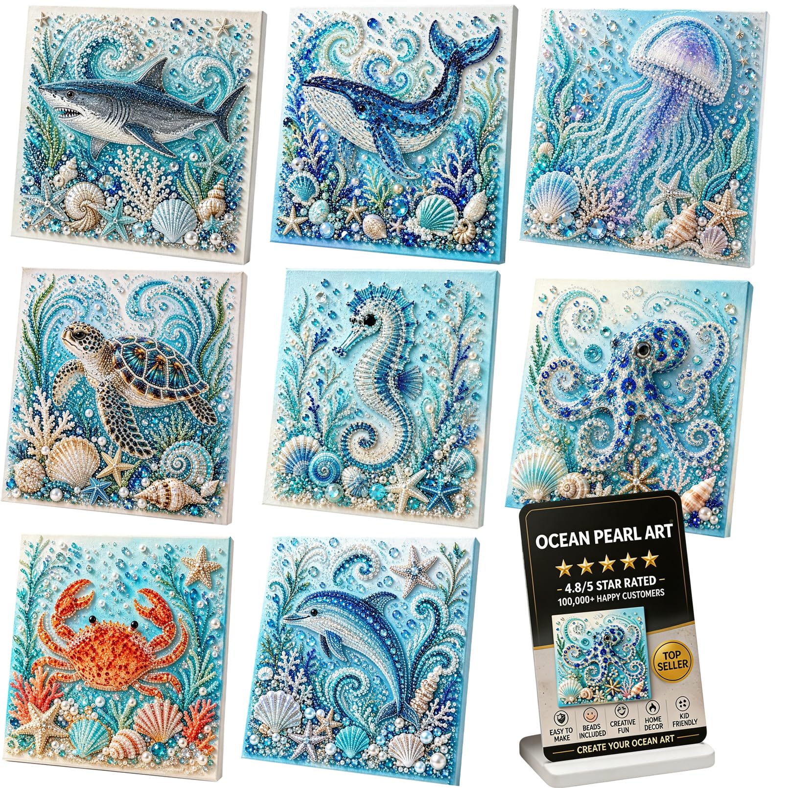 XIANGSHI Ocean Theme Pearl Art DIY Kit, 3D Diamond Painting Crafts for Adults, Diamond Pearl Painting Kit Wall Art, DIY Pearl Mosaic Craft Set for Beginner, Coastal Home Decor (8Pcs)