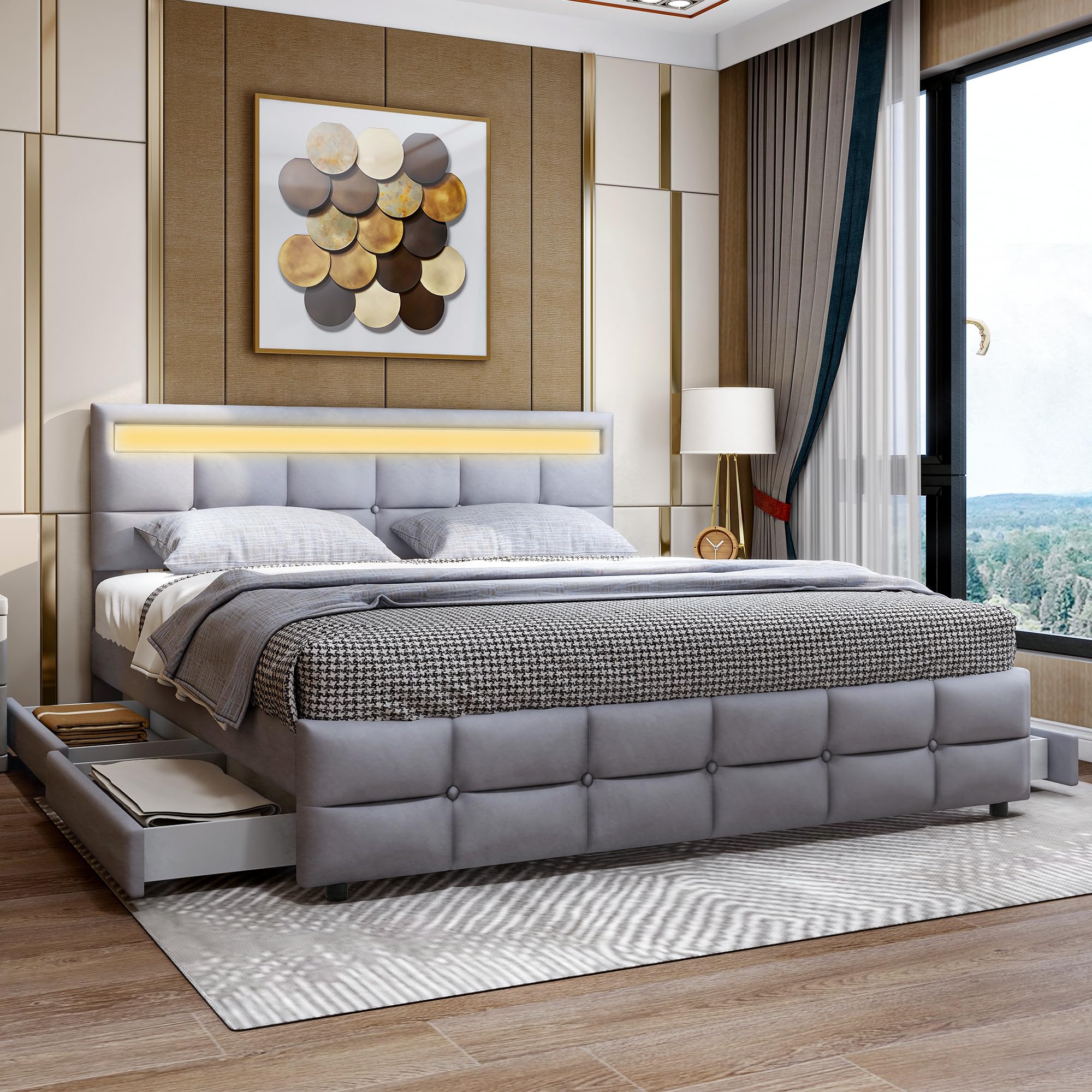 Sapgaks Lit 180 x 200 Avec Sommier à Lattes, Coffre Tiroirs, Cadre LED, Capitonné Avec Dossier, 2 Personnes Avec Rangement, Double, Pour Adultes Velours, Gris