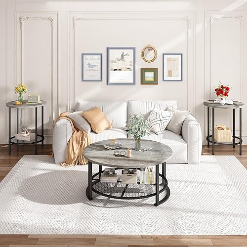 Miniatura 6 de Recaceik Juego de 3 mesas auxiliares redondas y mesa auxiliar con almacenamiento, moderna mesa auxiliar gris vintage y mesa auxiliar para sala de