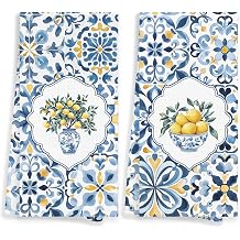 Italian Amalfi Coast Lemon Kitchen Towels, Italy Lemon Hand Towels for Bathroom, Blue and White Mediterranean Decorative Hand Tea Dish Towels for Kitchen Decor 16x24in Set of 2