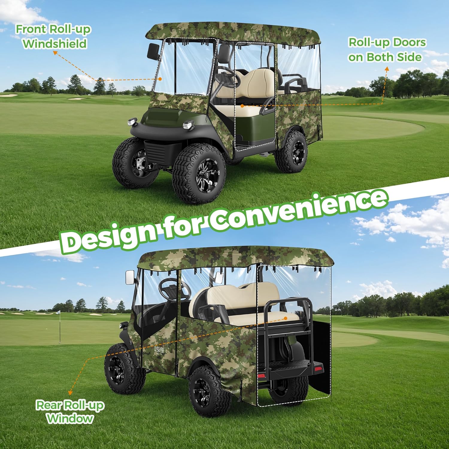 10L0L Universal Golf Cart Enclosure 86.6in 4 Passenger Fit for Yamaha Club Car EZGO TXT RXV, Waterproof Windproof Snowproof Portable Transparent 4 Sided Driving Cover