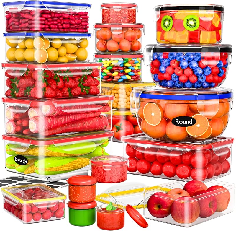 RockBerry 40 recipientes de almacenamiento de alimentos con tapas (20 cajas-20 tapas) | Hermético: Contenedor apilable de plástico para despensa, organización de cocina, apto para microondas, lavavajillas, congelador, 100% a prueba de fugas