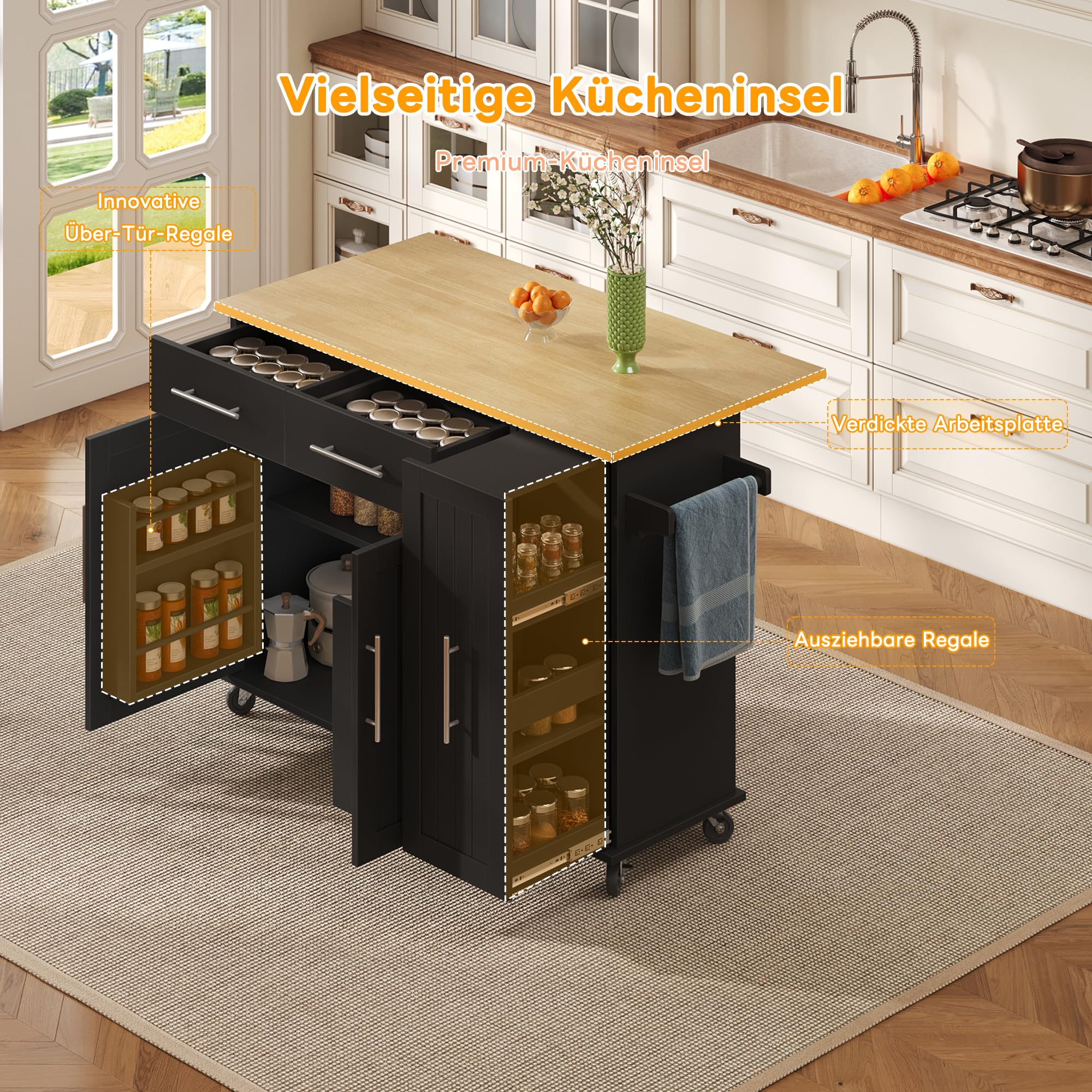 Merax Kücheninsel mit Klappbarer Arbeitsplatte, Kitchen island mit 5 Rollen, 2 Schubladen, Tier Pull Out Cabinet, Handtuchhalter und Gewürz, Küchenwagen, Küchenschrank für Küche, 120×65×90cm (Schwarz)