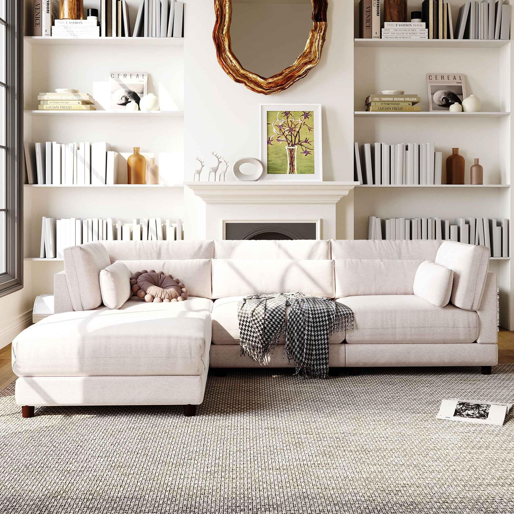 ATYL Shaped Reversible Sectional Sofa with Removable Ottoman,4 Seat Upholstery Modular Couch w/Waist Pillows, 110.6", Perfect for Livingroom, Guestroom, Hotel, Beige