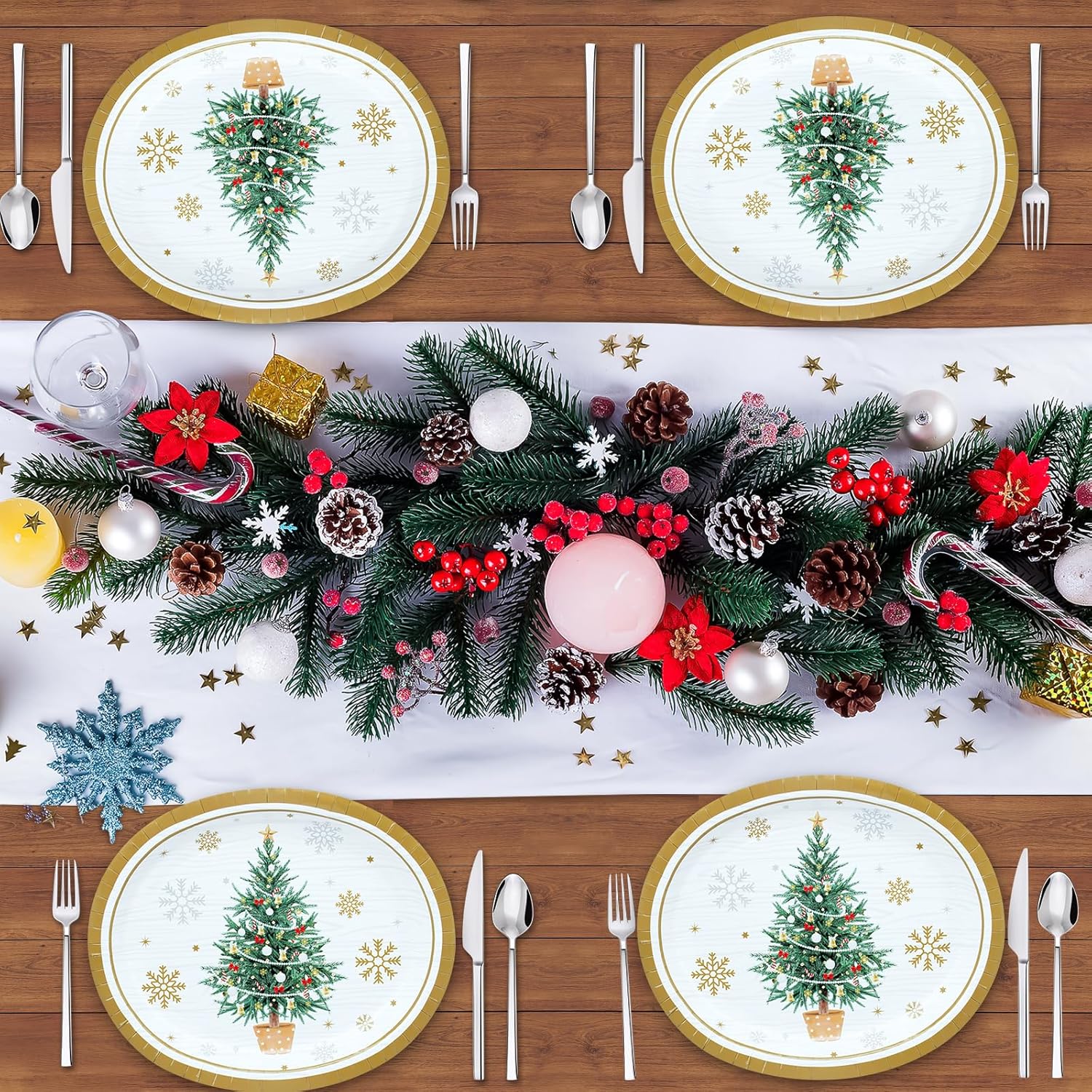 ZVK 12" Christmas Oval Paper Plates Set Disposable 50 Count Large Party Buffet Serve Plates for Holiday Xmas Dinnerware