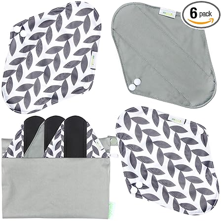 Wegreeco Bamboo Reusable Sanitary Pads (New Pattern) - Cloth Sanitary Pads | Bladder Support & Incontinence Pads | Reusable Menstrual Pads - 6 Pack Pads, 1 Cloth Mini Wet Bag Bonus (Medium, Luxury)
