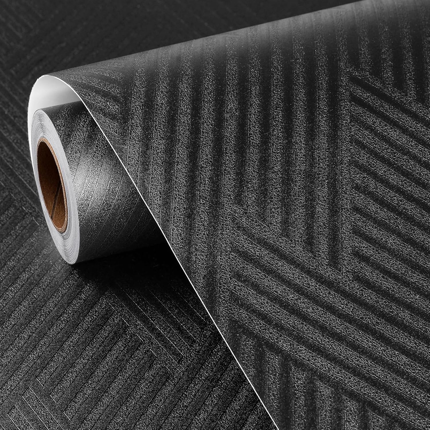 FunStick 24"x394" Black Geometric Peel and Stick Wallpaper for Bathroom Waterproof Textured Black Kitchen Cabinet Contact Paper Peel and Stick Matte Wallpaper for Office Wall Covering Desk Vinyl Wrap 394" x 24" Black