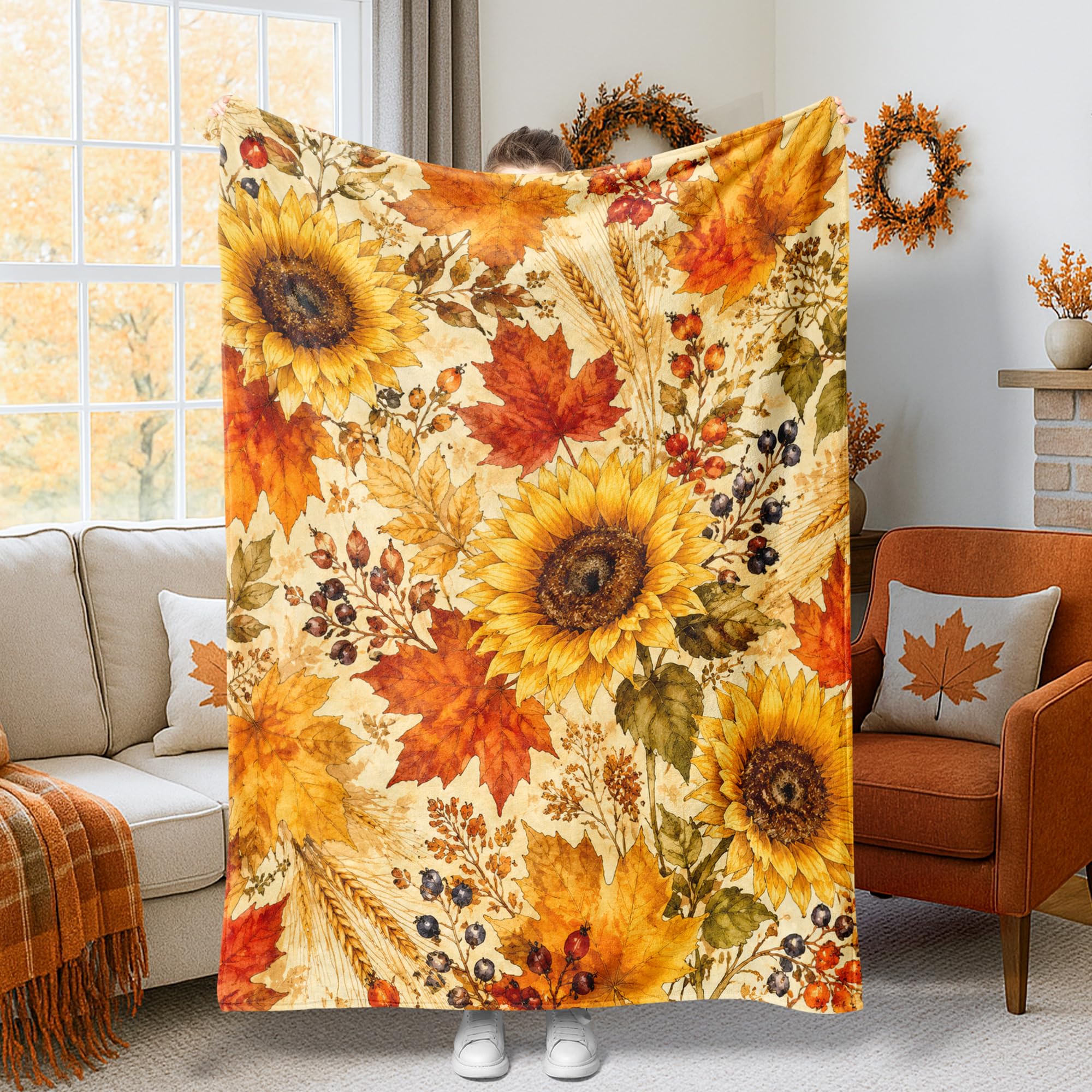 Couverture décorative tournesol et feuille d'érable rustique pour canapé et lit 152x203 cm