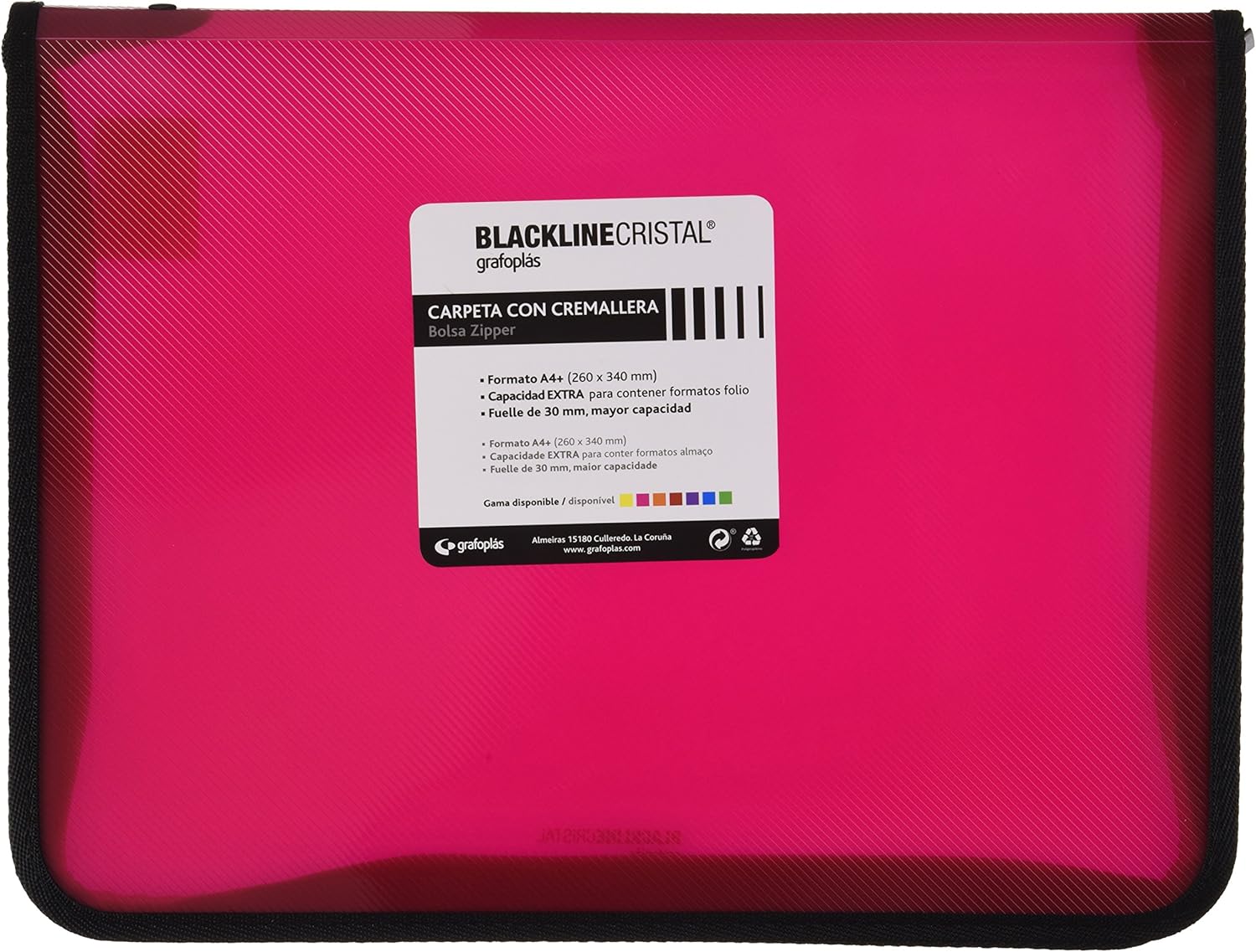 Grafoplás 4800654. Carpeta con Cremallera, Color Fucsia, A4+, Cubierta de Polipropileno. Modelo Blackline Cristal
