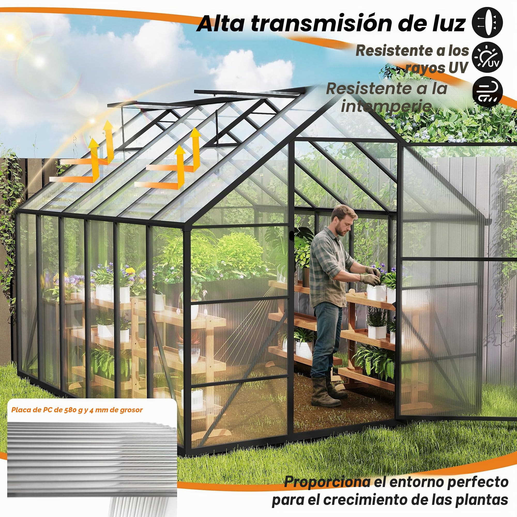 Invernadero de aluminio con PC paneles transparentes, claraboya, puerta y fundaciones, 305x250x205cm invernada tienda de jardinería accesible, vivero de cultivo para jardín y exterior