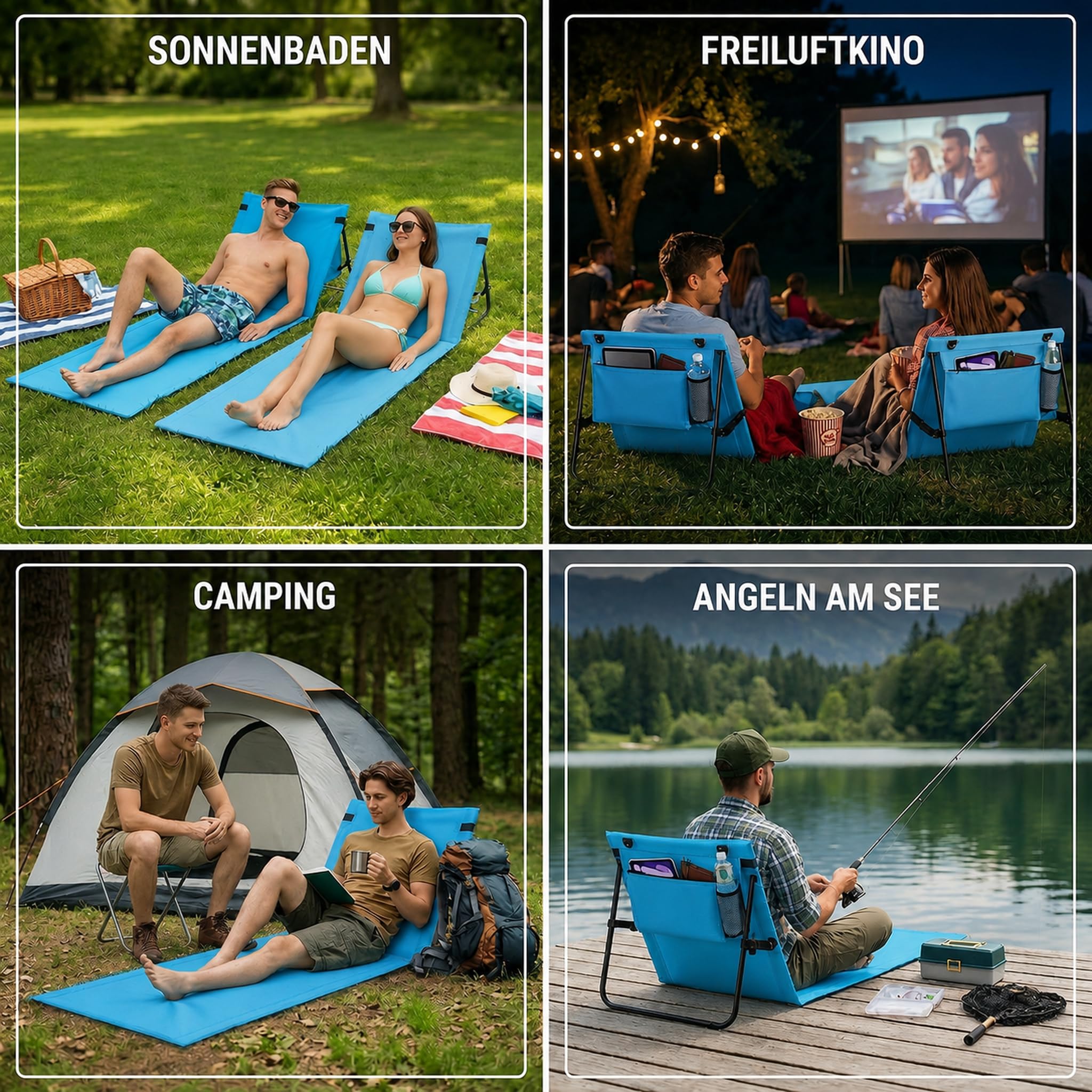 2er-Set Faltbare Strandliegen mit Verstellbarer Rückenlehne | Leichte gepolsterte Sonnenliegenmatten mit Schultergurt & Tasche, für Strand, Camping, Pool, Festivals, Reisen & Picknick