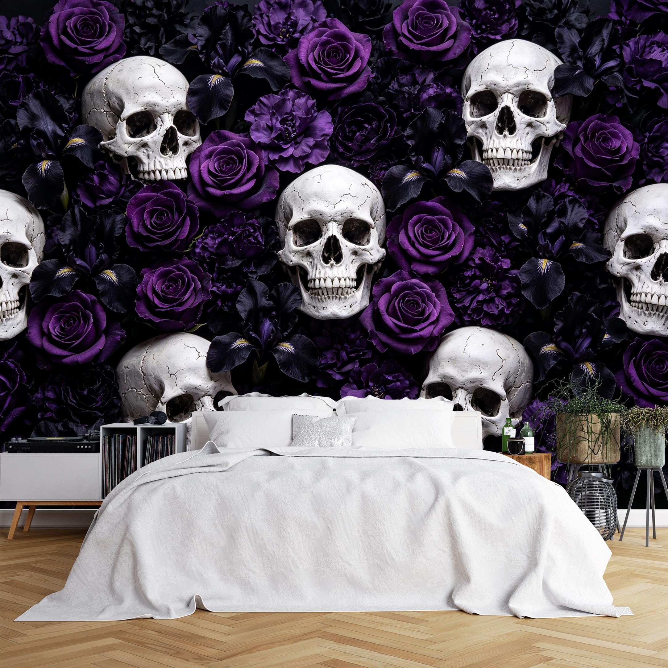 Lcythiazole Ch260615125 Custom Size Wall Murals Skull Purple Rose Dark Gothic Floral Pattern Wall Murals Vivid Art Wallpaper Wall Covering Fabric Self-Adhesive Removable Wallpaper For Bar Game Room