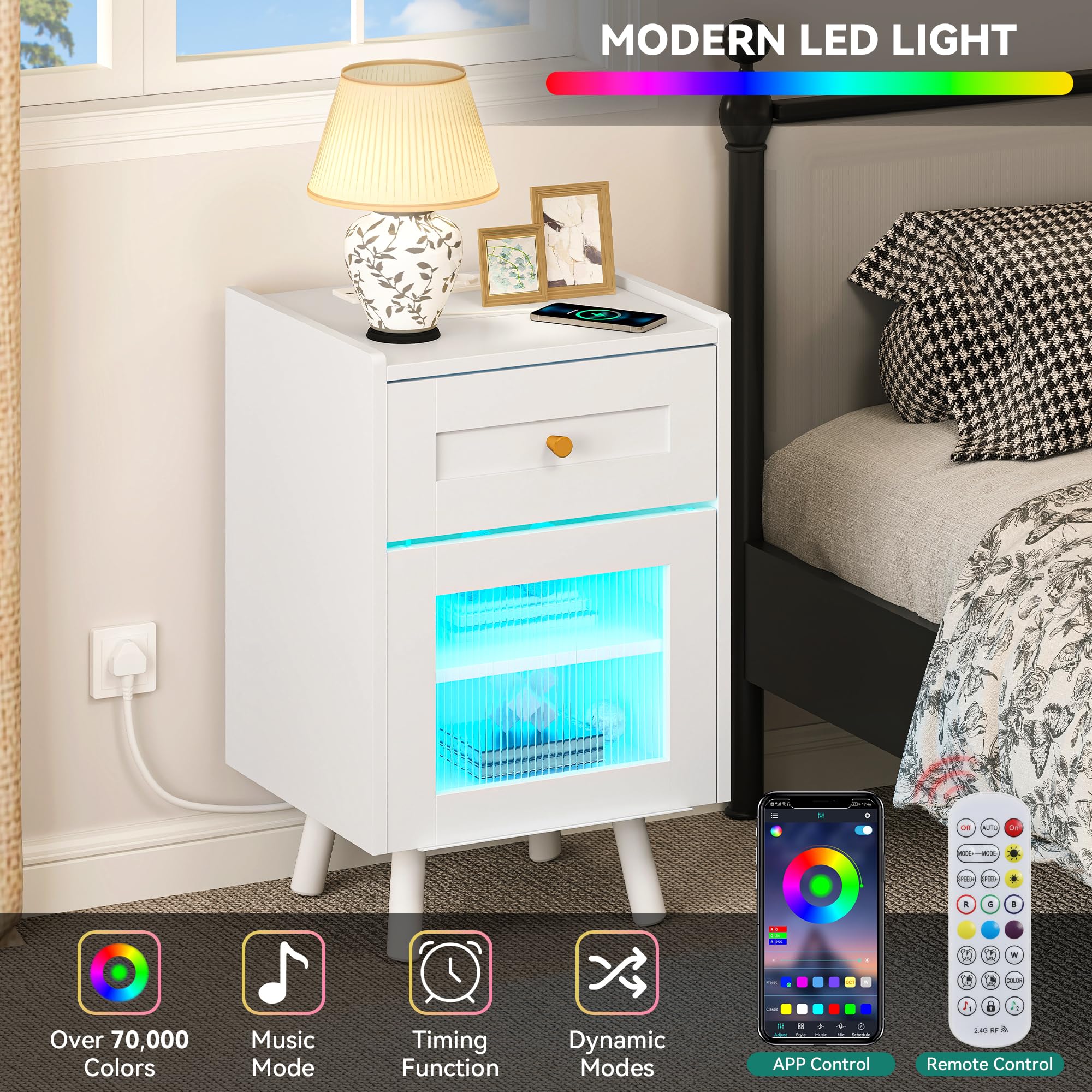 YITAHOME Comodino con striscia luminosa a LED a 7 colori, comodino con cassetto e ripiano regolabile, tavolino nero per camera da letto, soggiorno, 40 x 35 x 62 cm, bianco