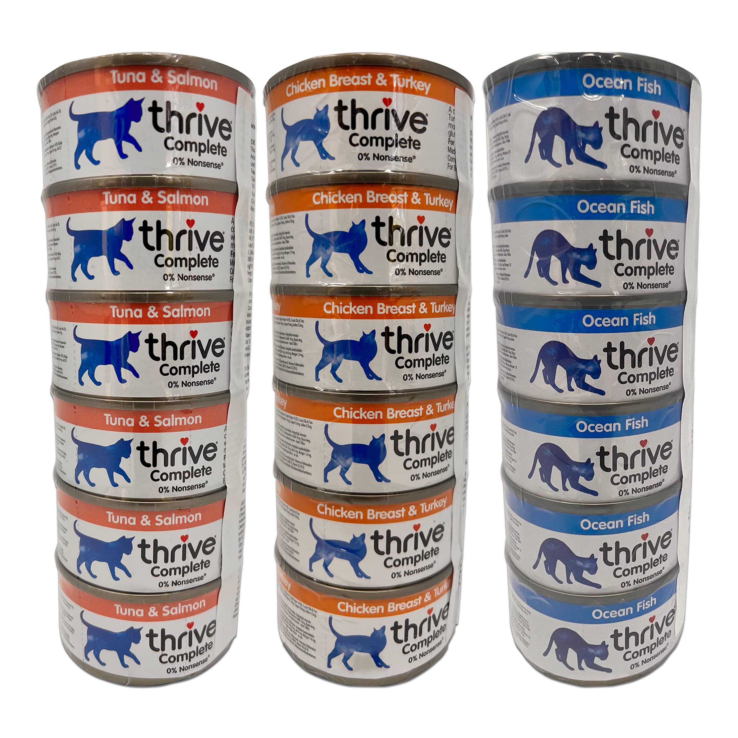Thrive Cat Food Wet Bundle - 18 x 75g Tins with Tuna & Salmon, Chicken Breast & Turkey, Ocean Fish