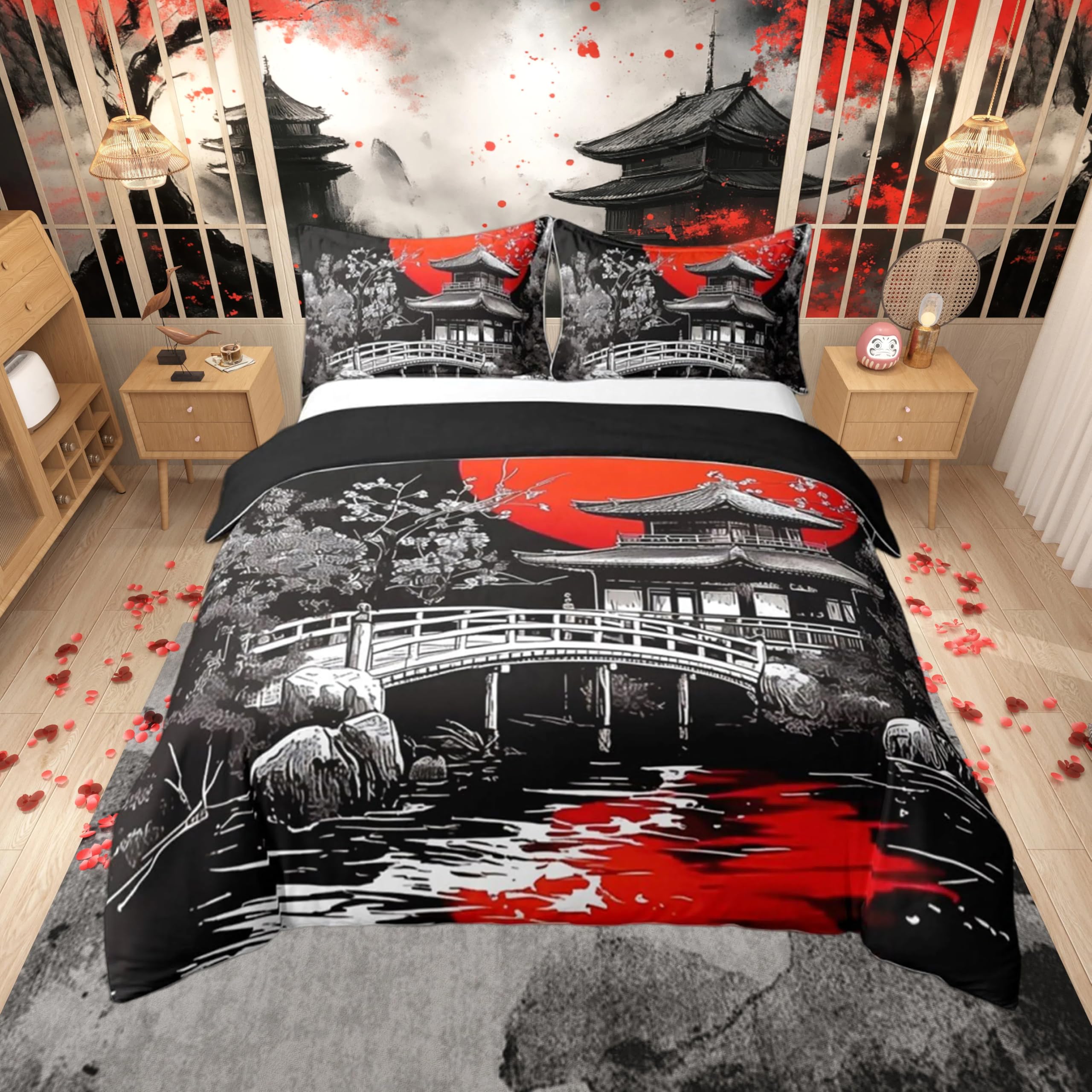 Loussiesd Japanese Ukiyoe Duvet Cover Set King Size For Kids Boys Girls Adults Japanese Style Bedding Set Red Sunset Comforter Cover with 2 Pillowcases Hokusai Pattern Beds Set