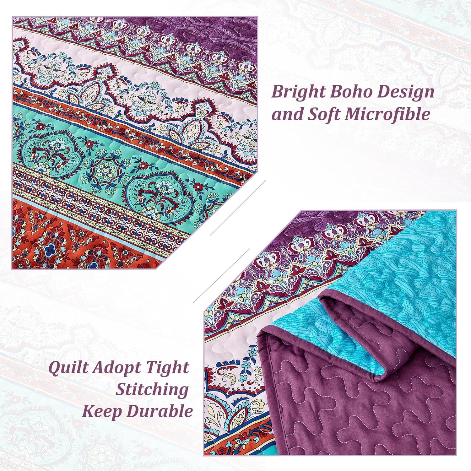 WONGS BEDDING Purple Quilt Set Queen Size, Bohemian Stripe 3 Pieces Bedspread Quilts Set Boho Lightweight Microfiber All Season Bedding Coverlet Set for Queen Bed (96"x90") - Image 7