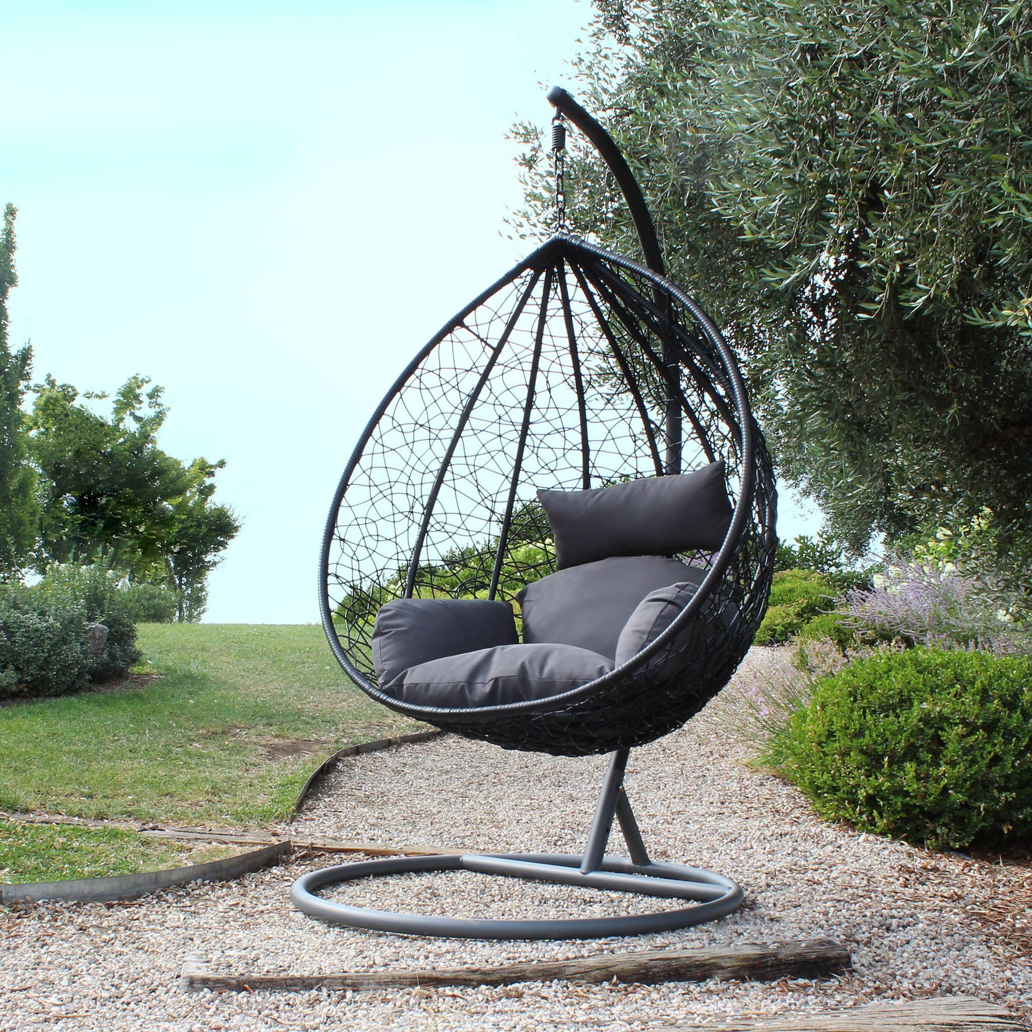 Milani Home - sedia sospesa da giardino in wicker e acciaio con cuscino, poltrona relax con struttura, nero