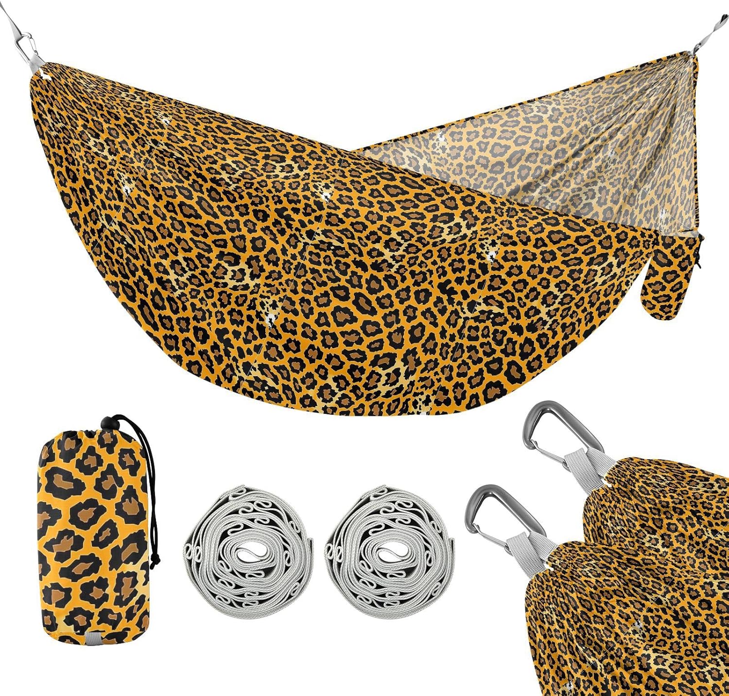 ALAZA Yellow Leopard Print Cheetah Camping Hammocks Single or 2 Person 500 lbs Portable Parachute Travel Hammock w/Tree Straps for Hiking Backpacking Indoor Outdoor